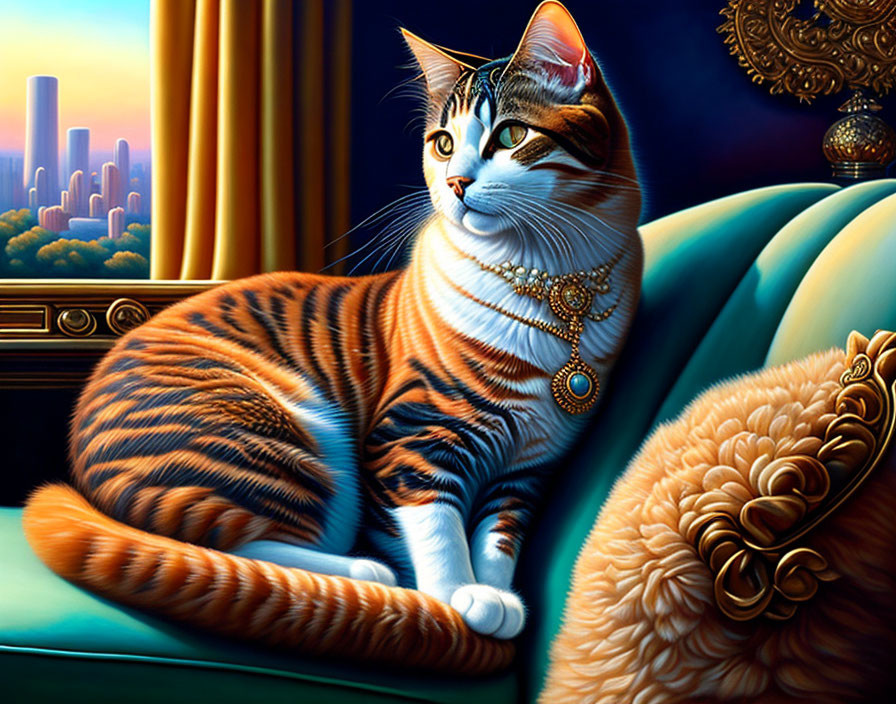 Regal tabby cat artwork on blue sofa with city skyline