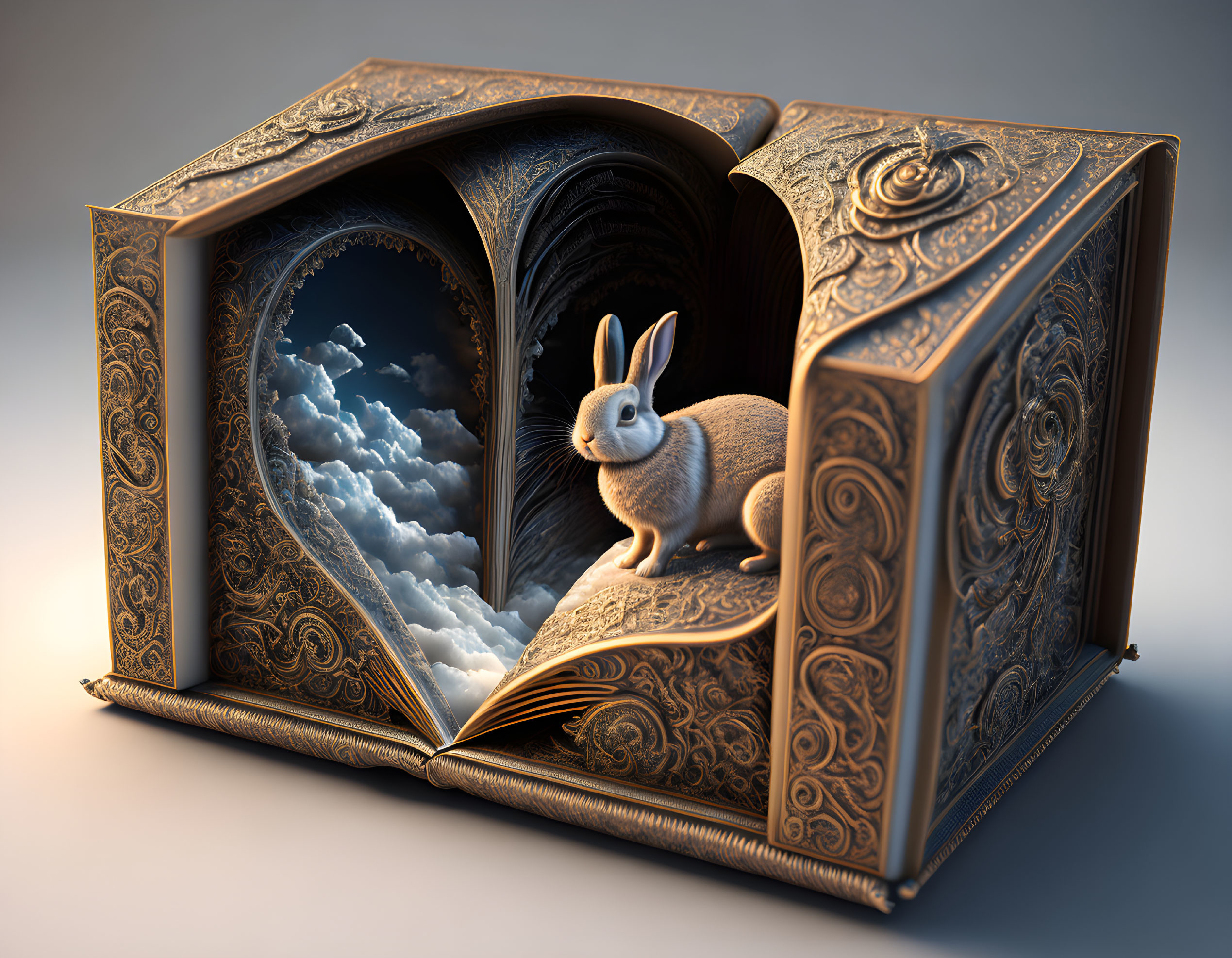 Ornate book reveals 3D cloud tunnel with rabbit