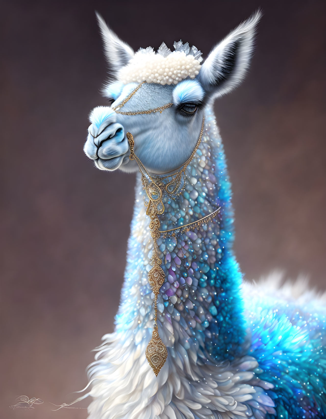 Adorned llama with shimmering blue coat and golden accessories