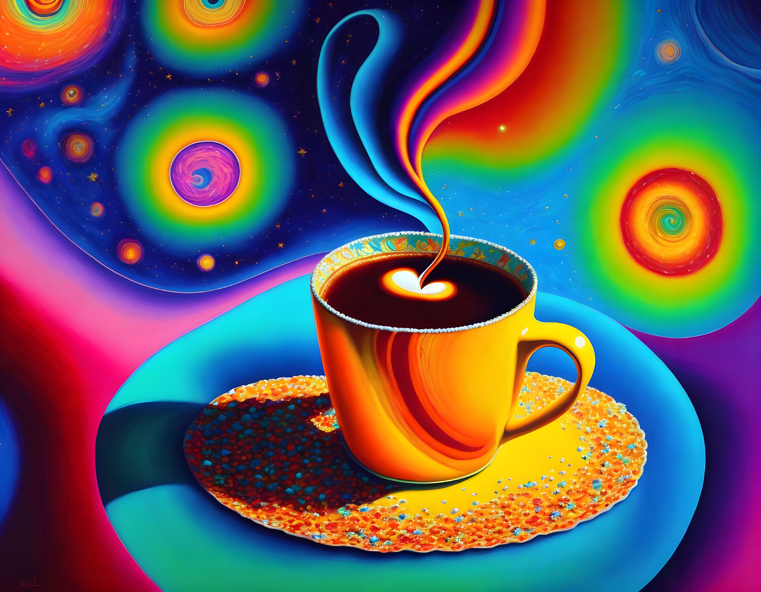 Colorful digital artwork: Steaming coffee cup with cosmic galaxies.