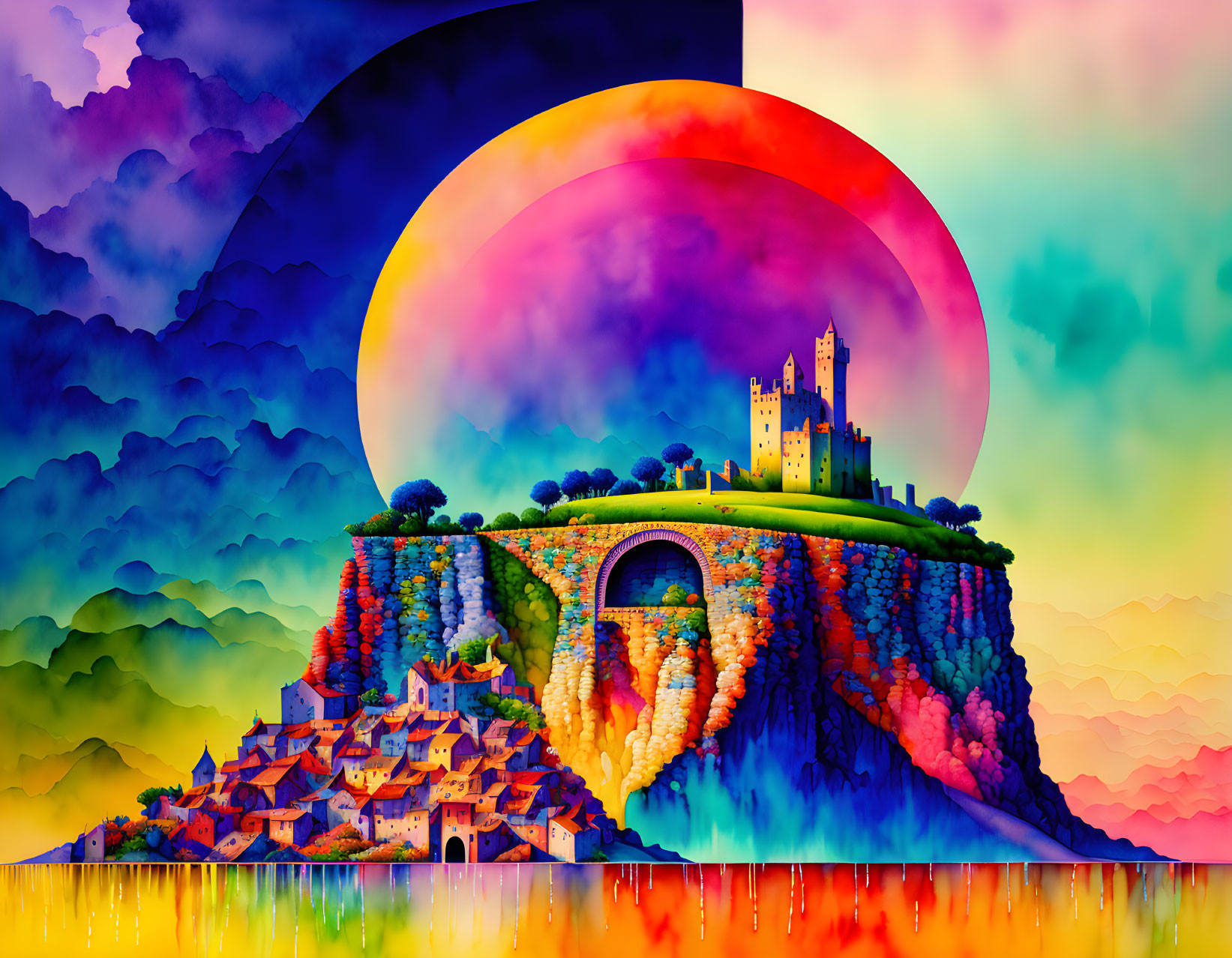 Colorful surreal landscape with castle, celestial ring, and water reflection