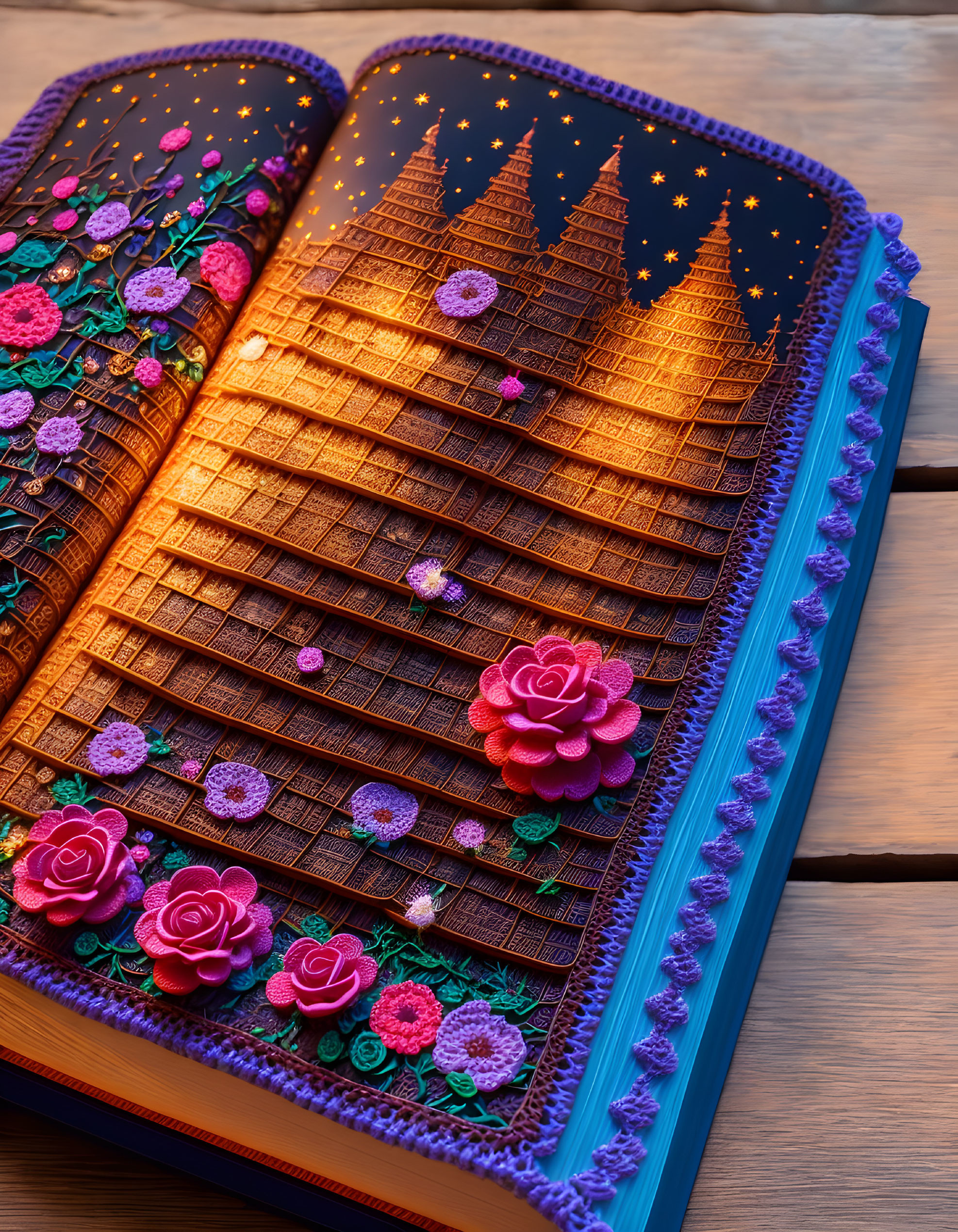 Intricate 3D paper art of castle and flowers on open book