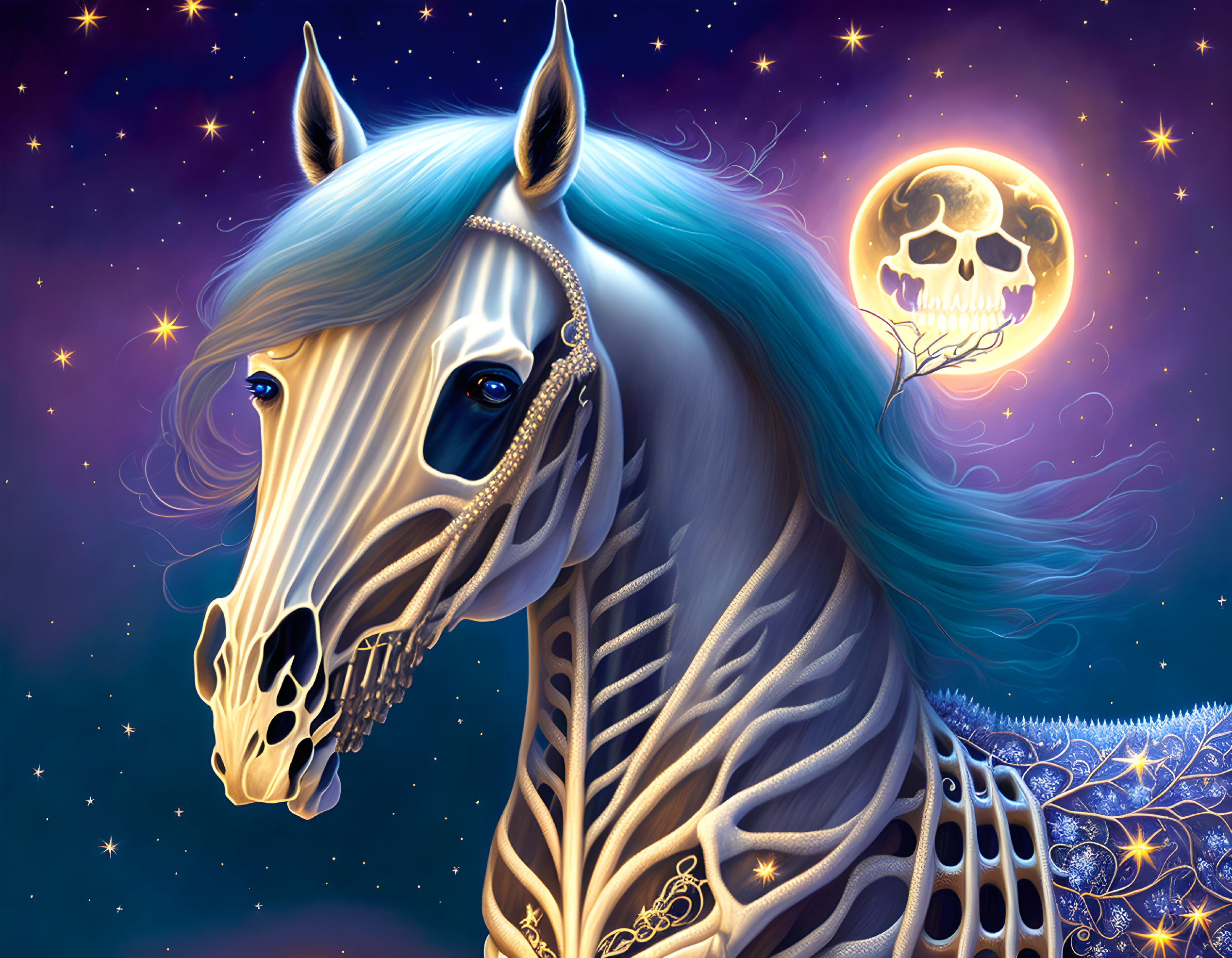 Skeletal horse with mystical jewelry in starry night sky