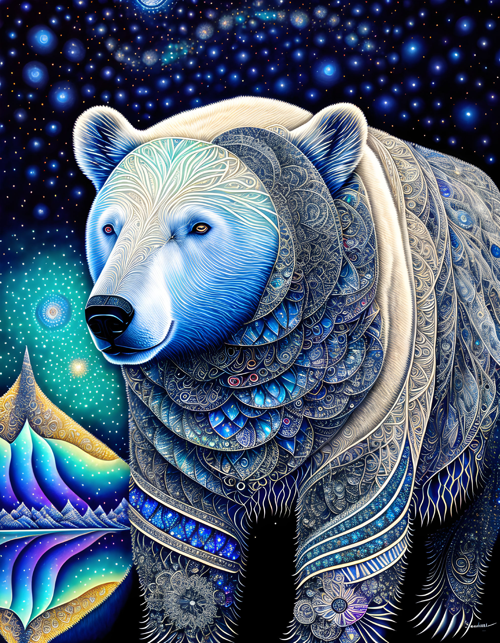 Colorful Bear Artwork with Patterned Fur on Starry Night Sky