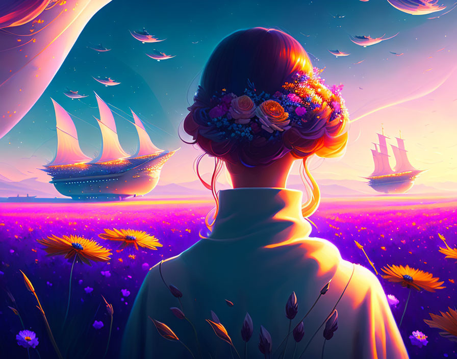 Woman admires surreal sky with floating ships over purple flower sea