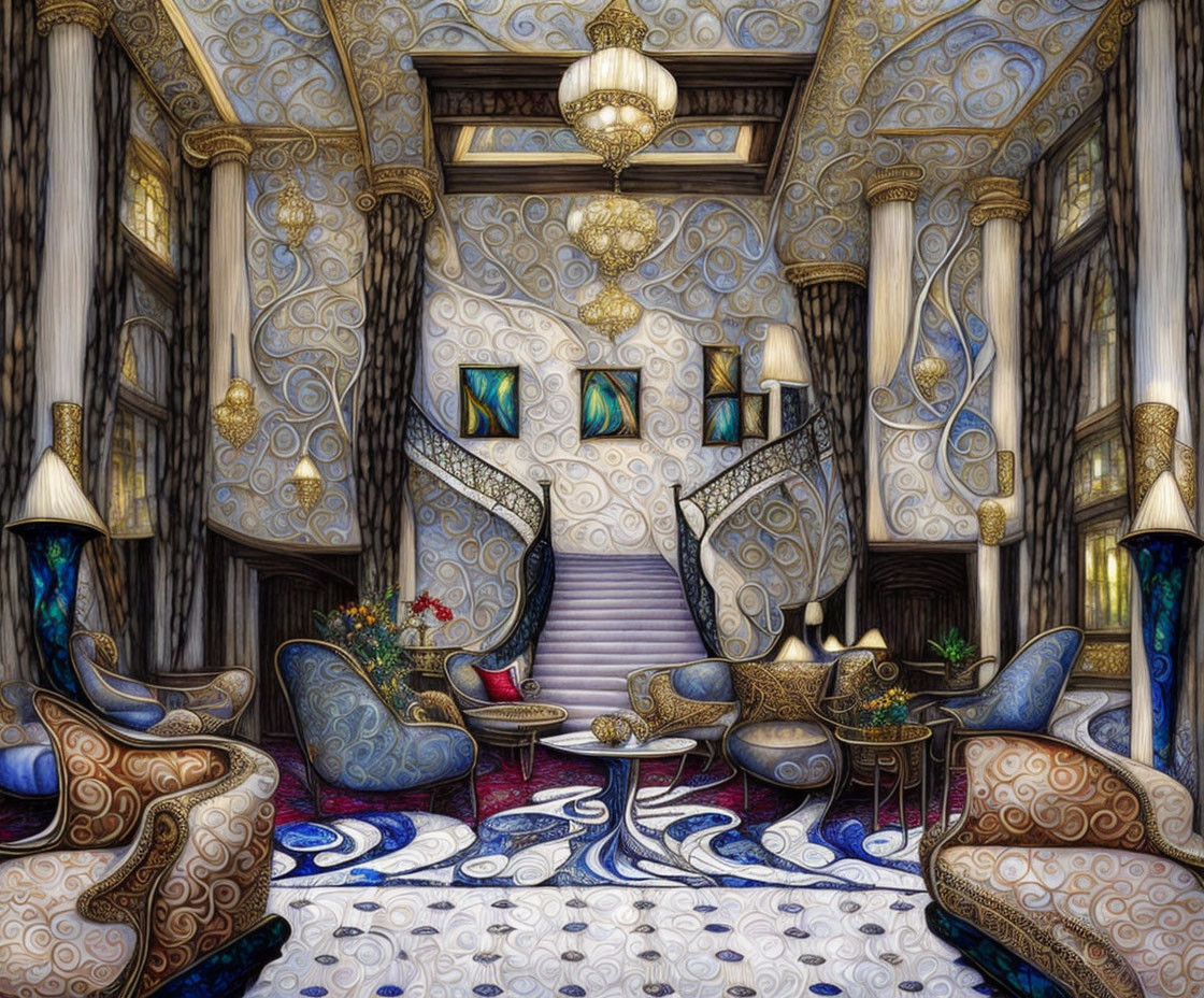 Luxurious Room with Blue and Gold Walls, Elegant Furniture, and Grand Staircase