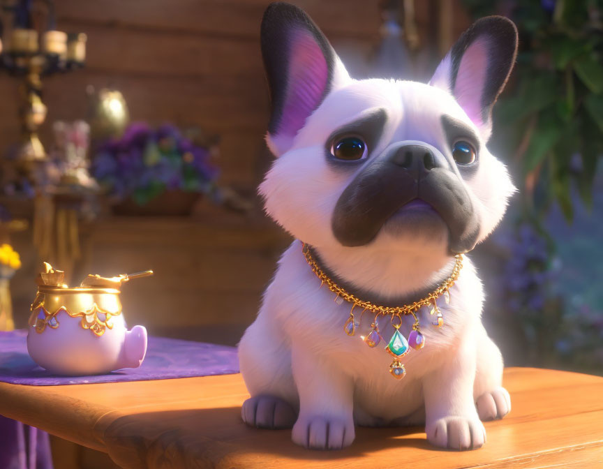 French Bulldog with jeweled collar next to ornate teacup in warm, floral setting