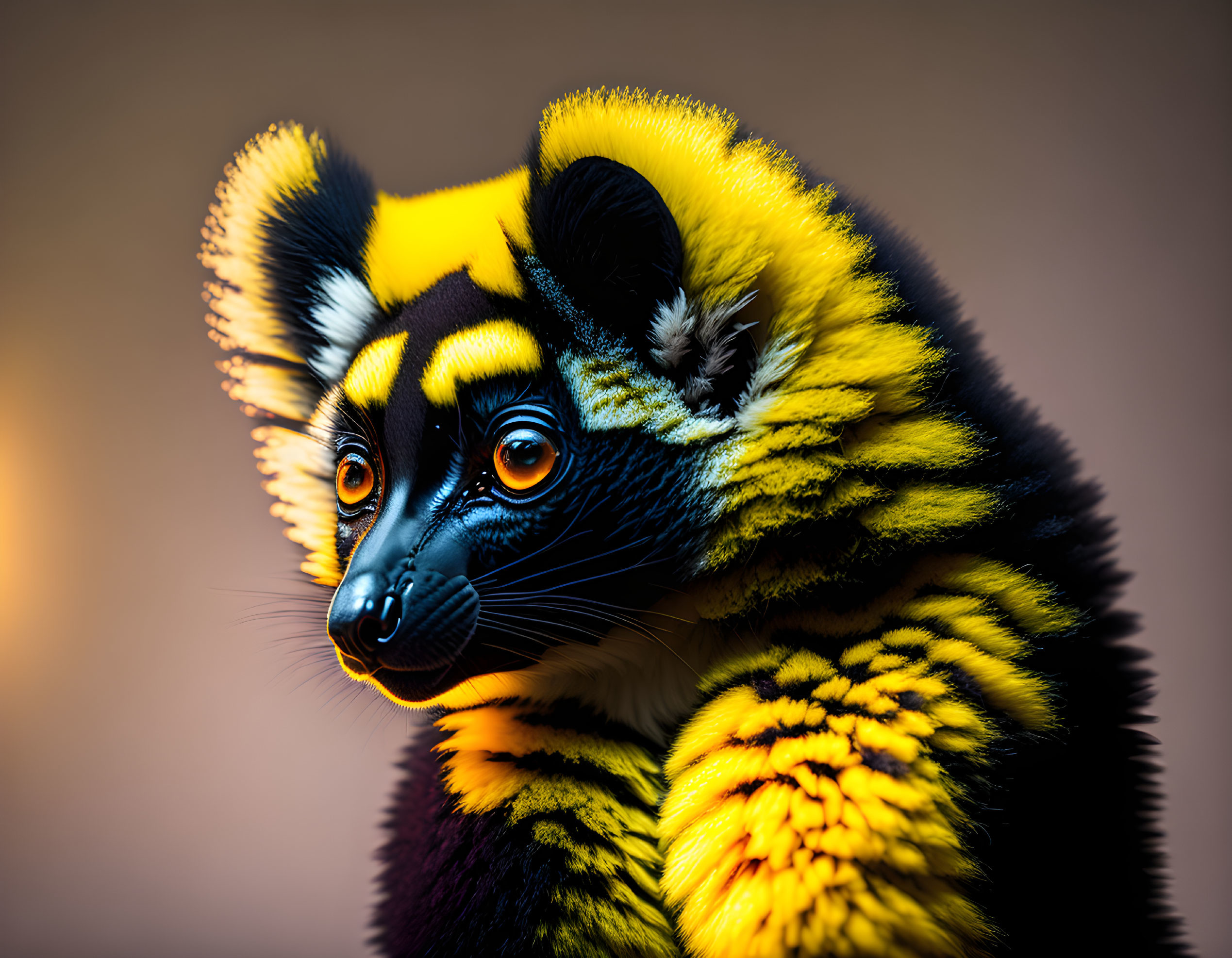 Colorful Lemur Portrait with Yellow and Black Fur