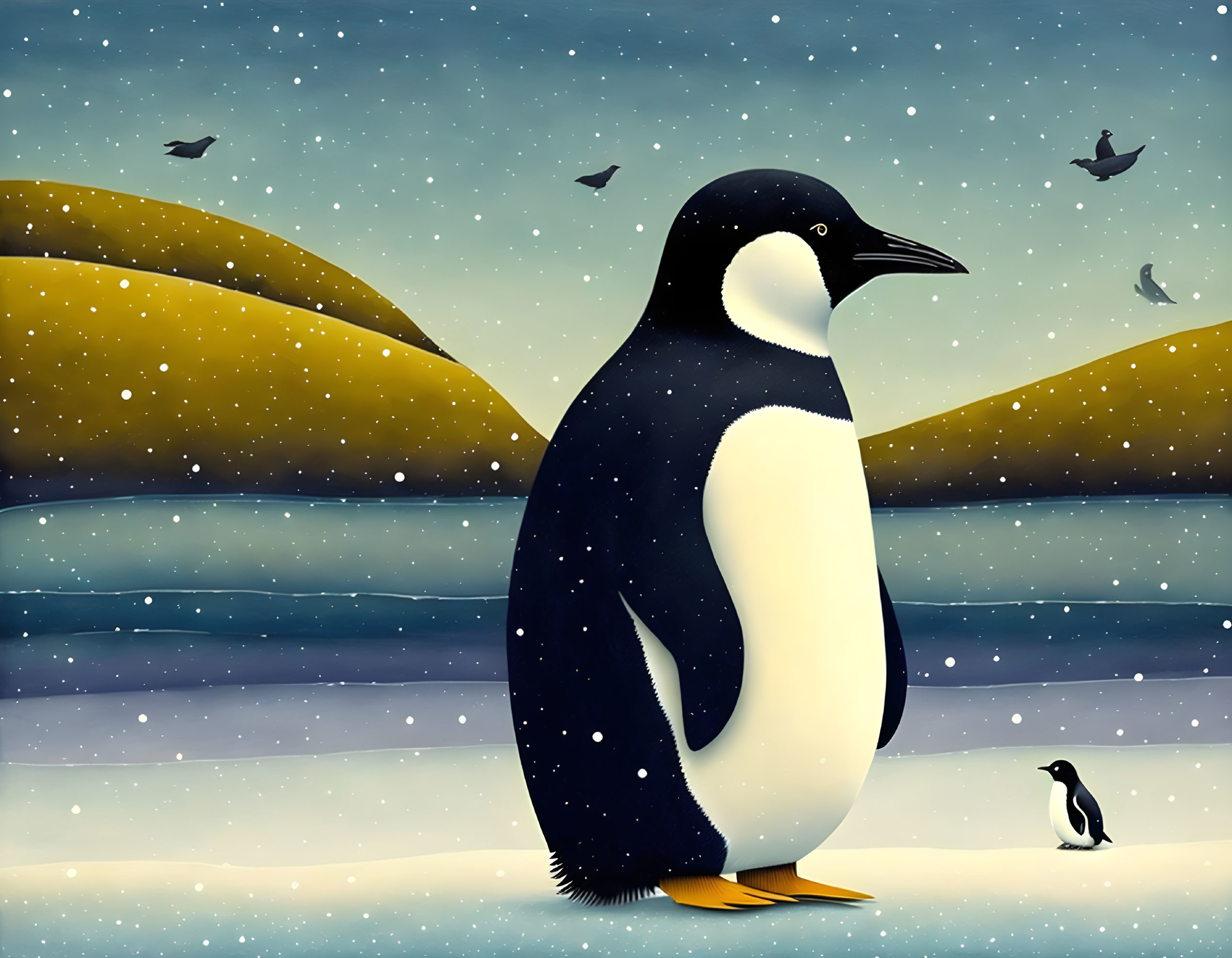 Stylized illustration of large and small penguins with golden hills and snowy sky