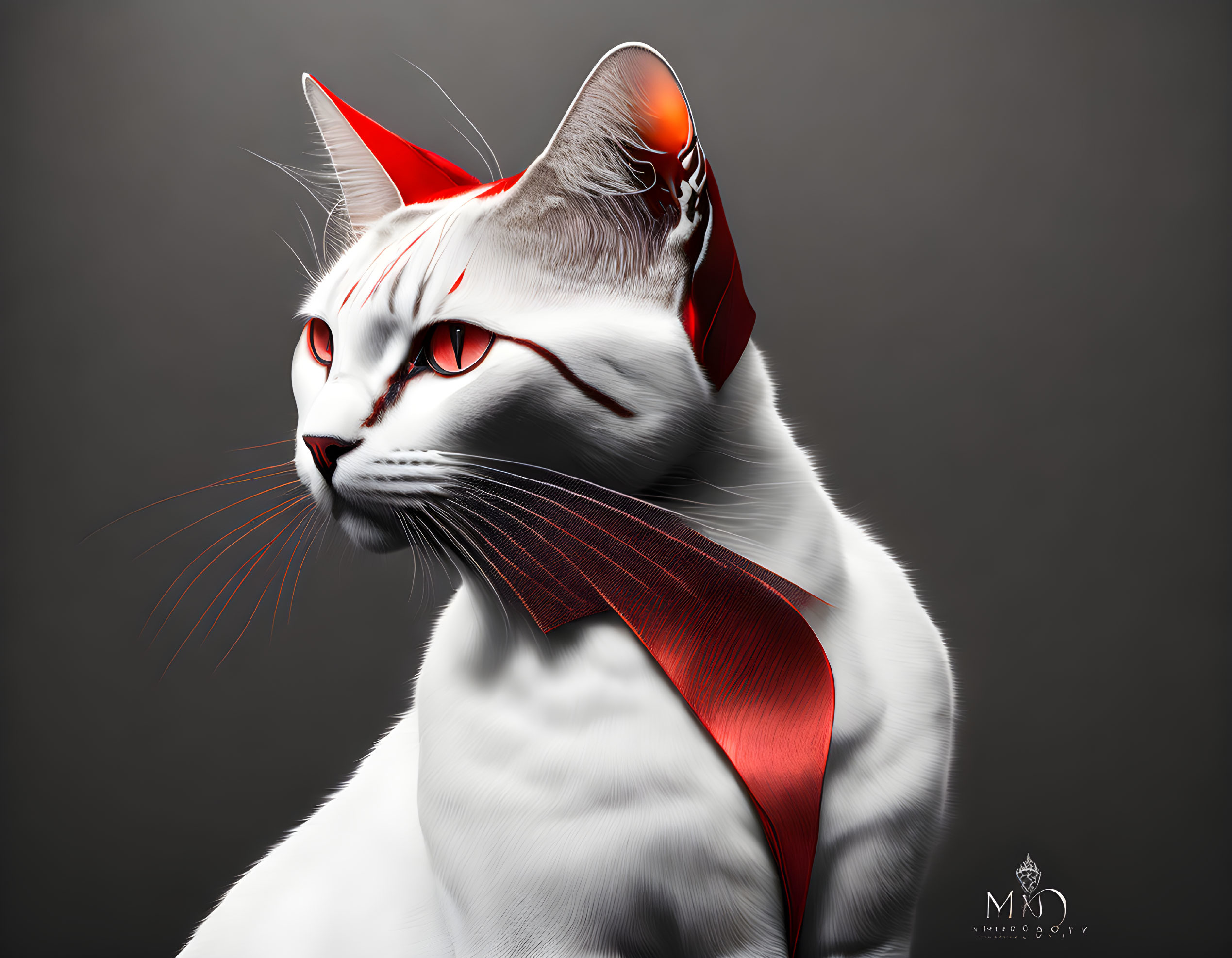 White Cat with Red Tie on Gray Background: Sophisticated and Mysterious