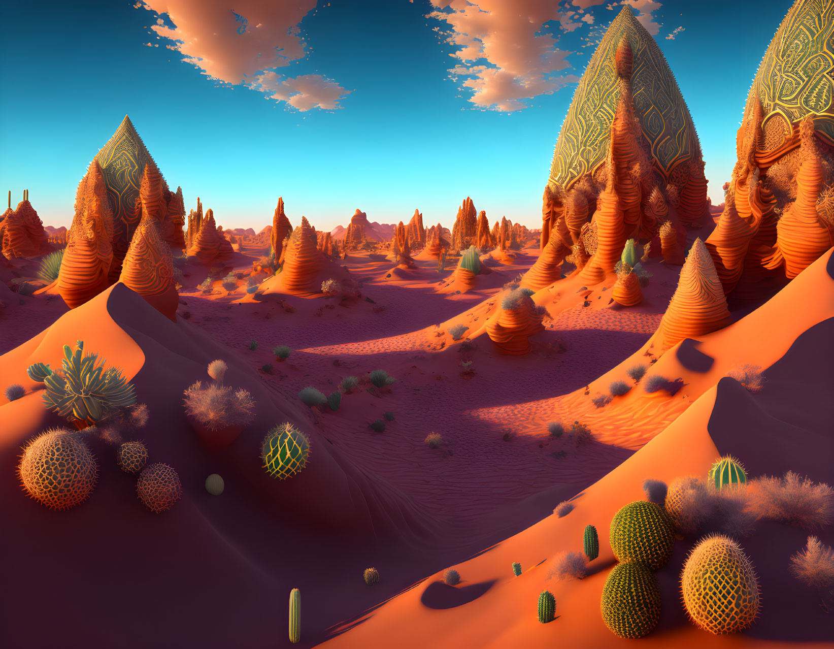 Vibrant surreal desert landscape with cacti and sand dunes