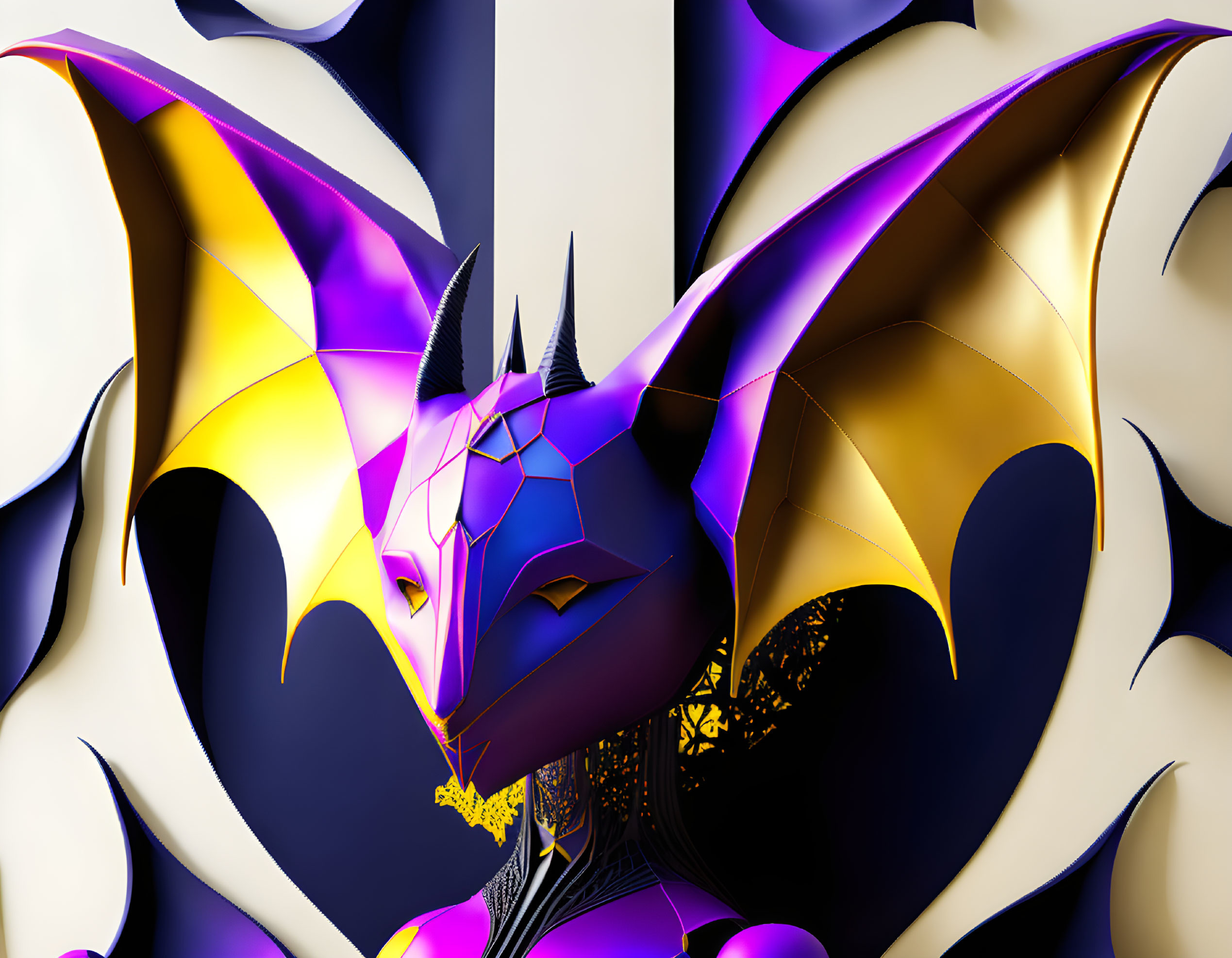 Abstract Digital Artwork: Stylized Bat with Purple and Gold Accents