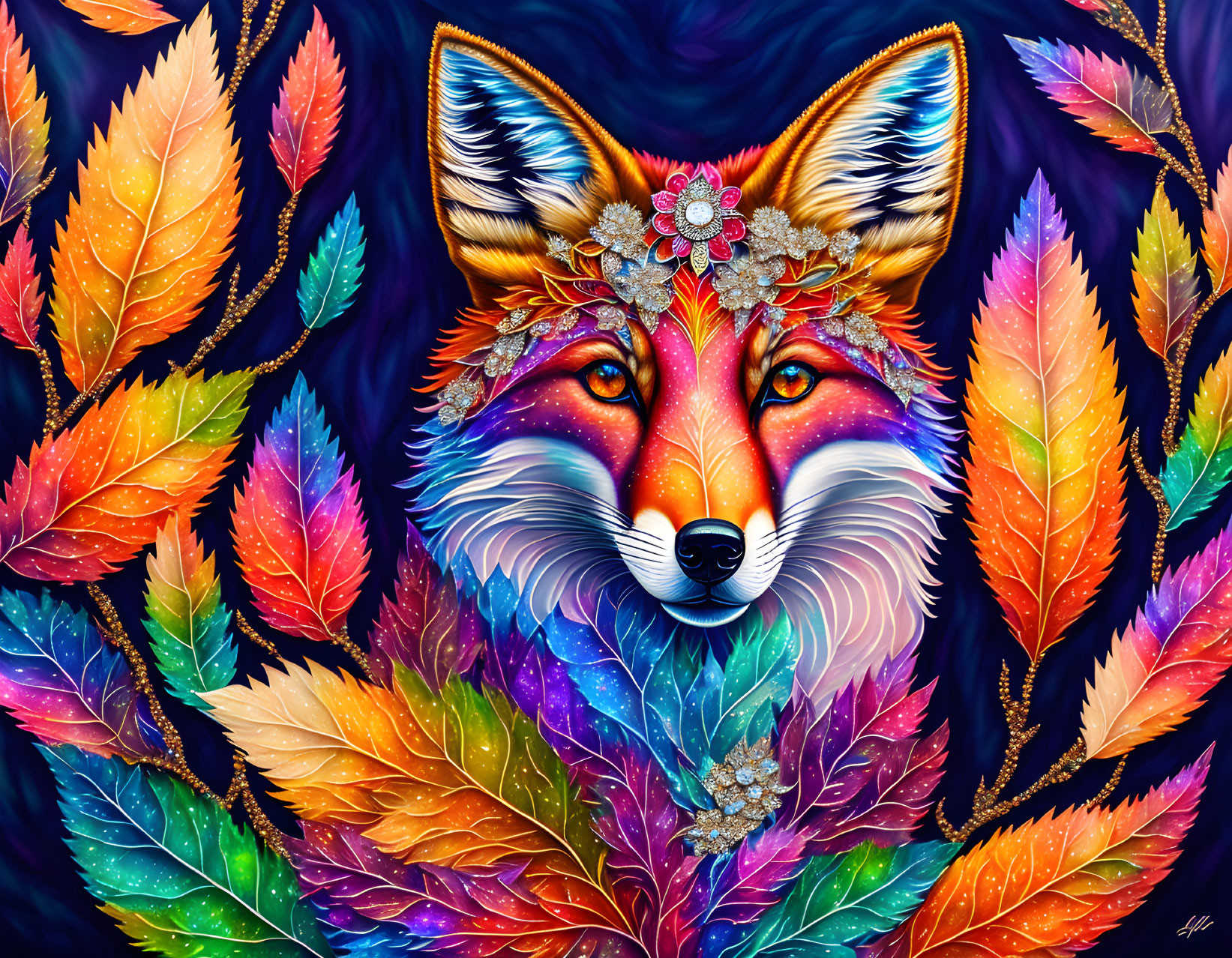 Colorful Fox Artwork with Autumn Leaves & Decorative Headdress