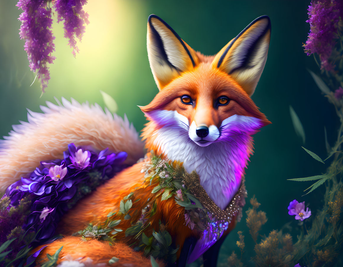 Colorful Fox Illustration Surrounded by Flowers and Greenery