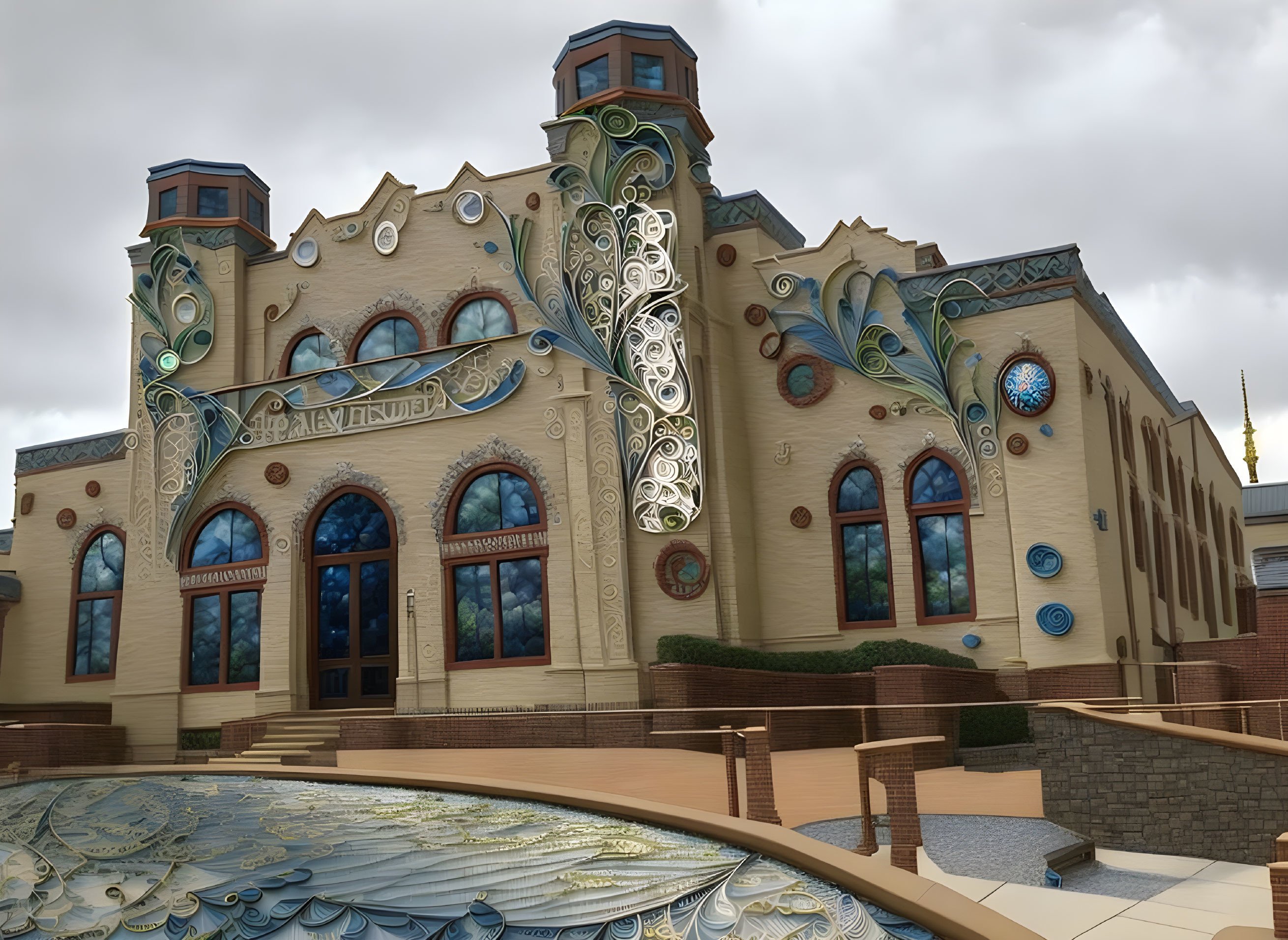 Art Nouveau style architecture with peacock motifs and colorful accents