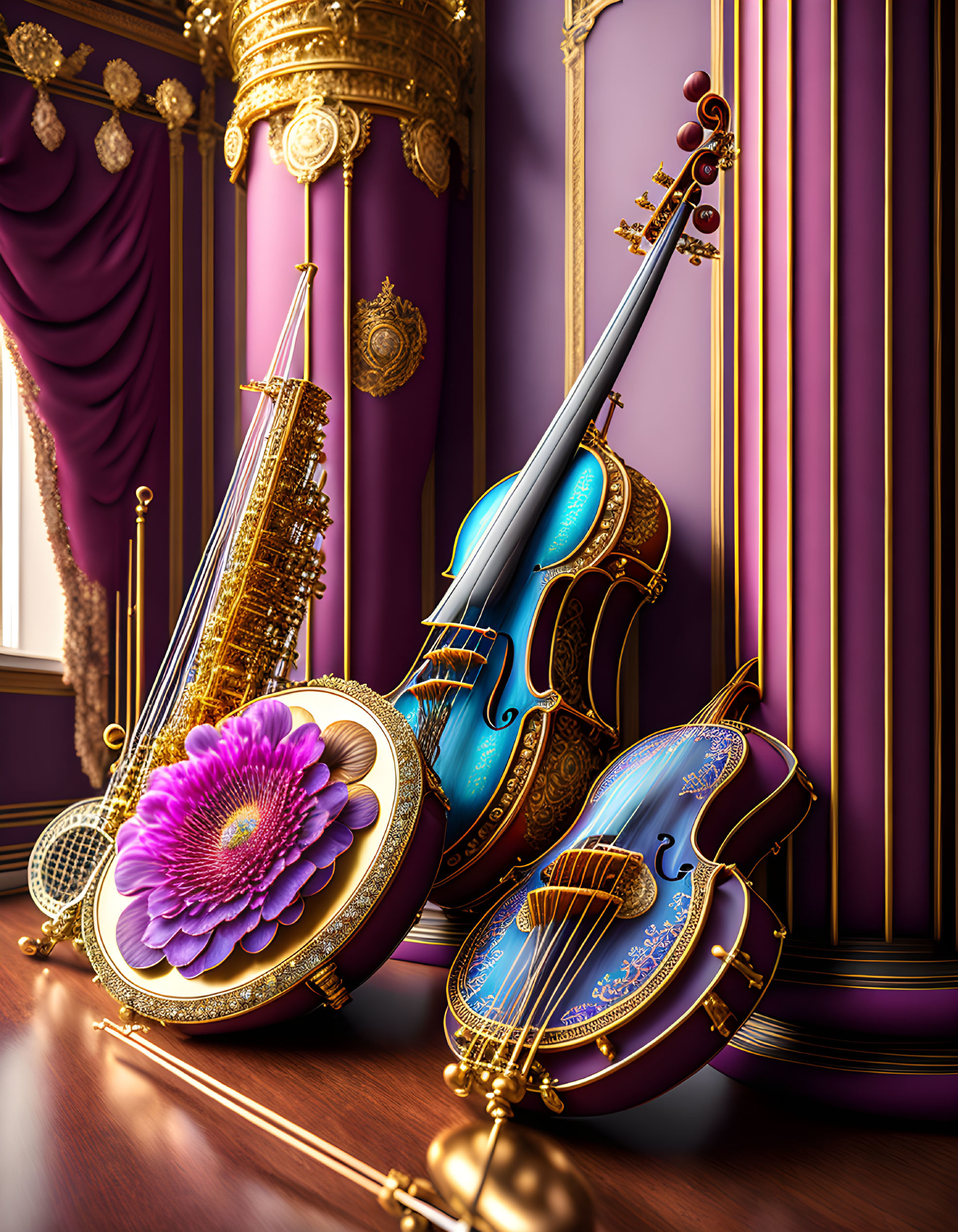 Ornate stringed instruments with purple flower on luxurious backdrop