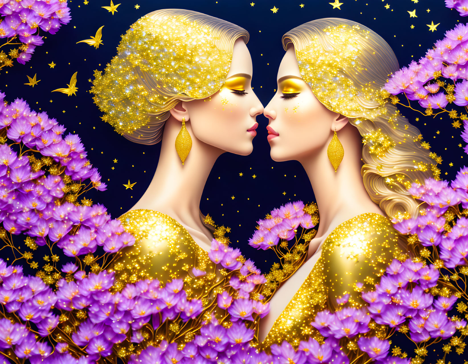 Stylized female figures with golden hair and attire among purple flowers and butterflies on starry night backdrop