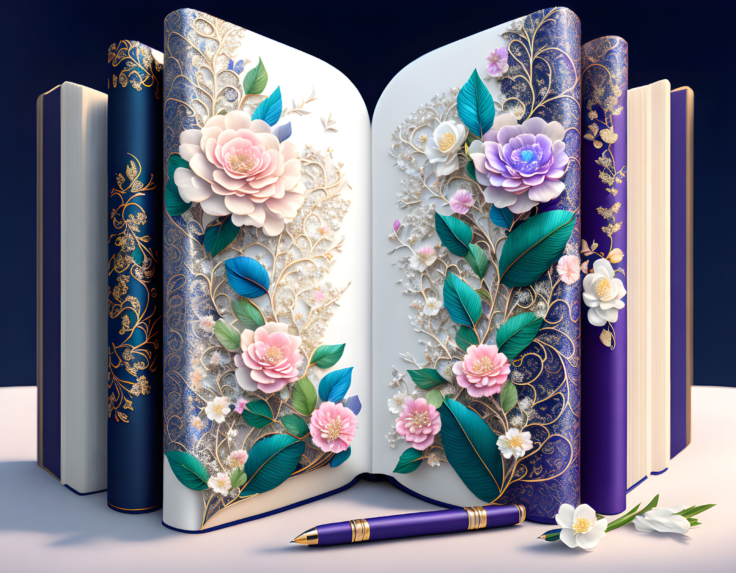 Floral-themed open book surrounded by elegant hardcovers and a decorative pen