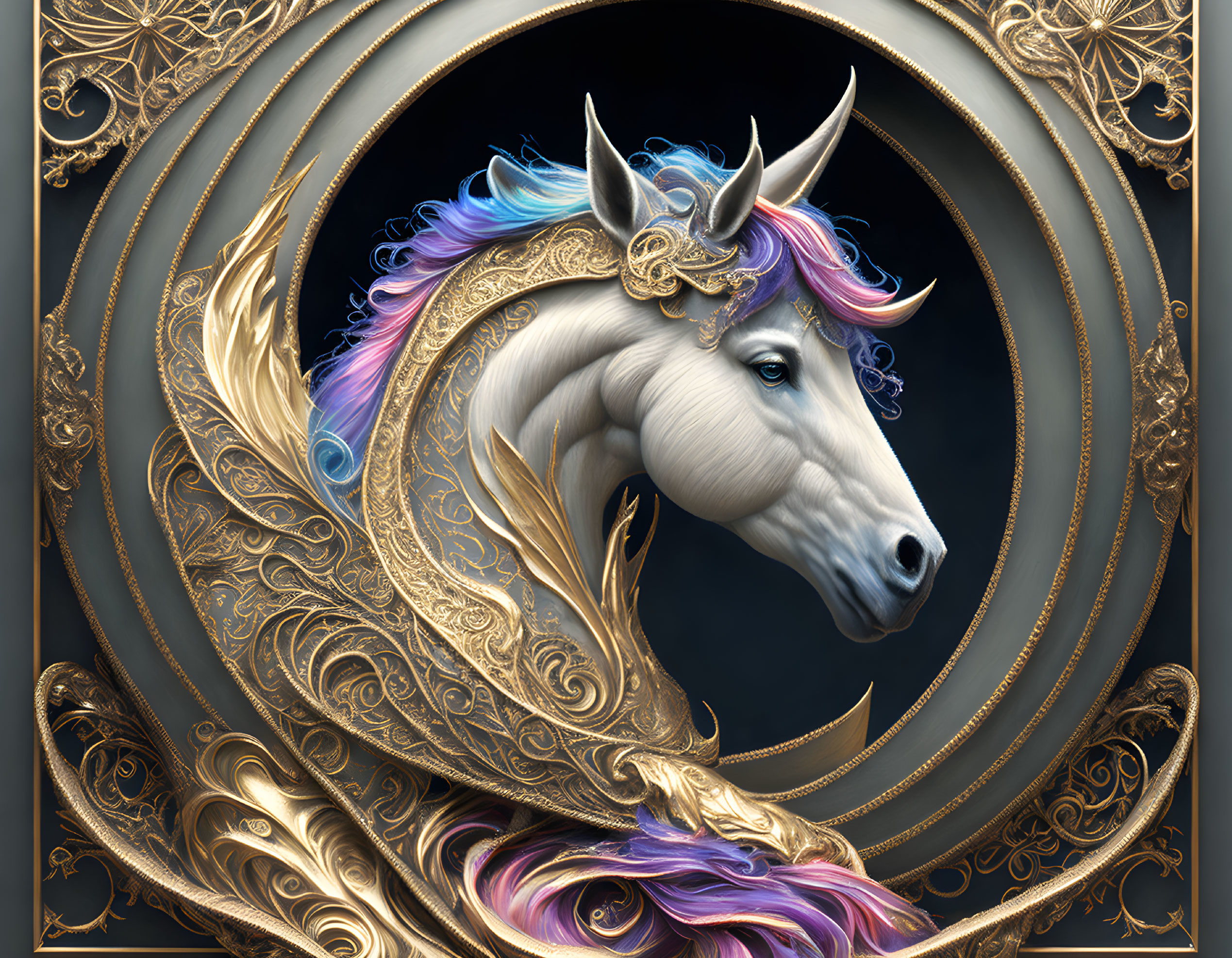 Colorful unicorn with golden horn and intricate scrollwork.