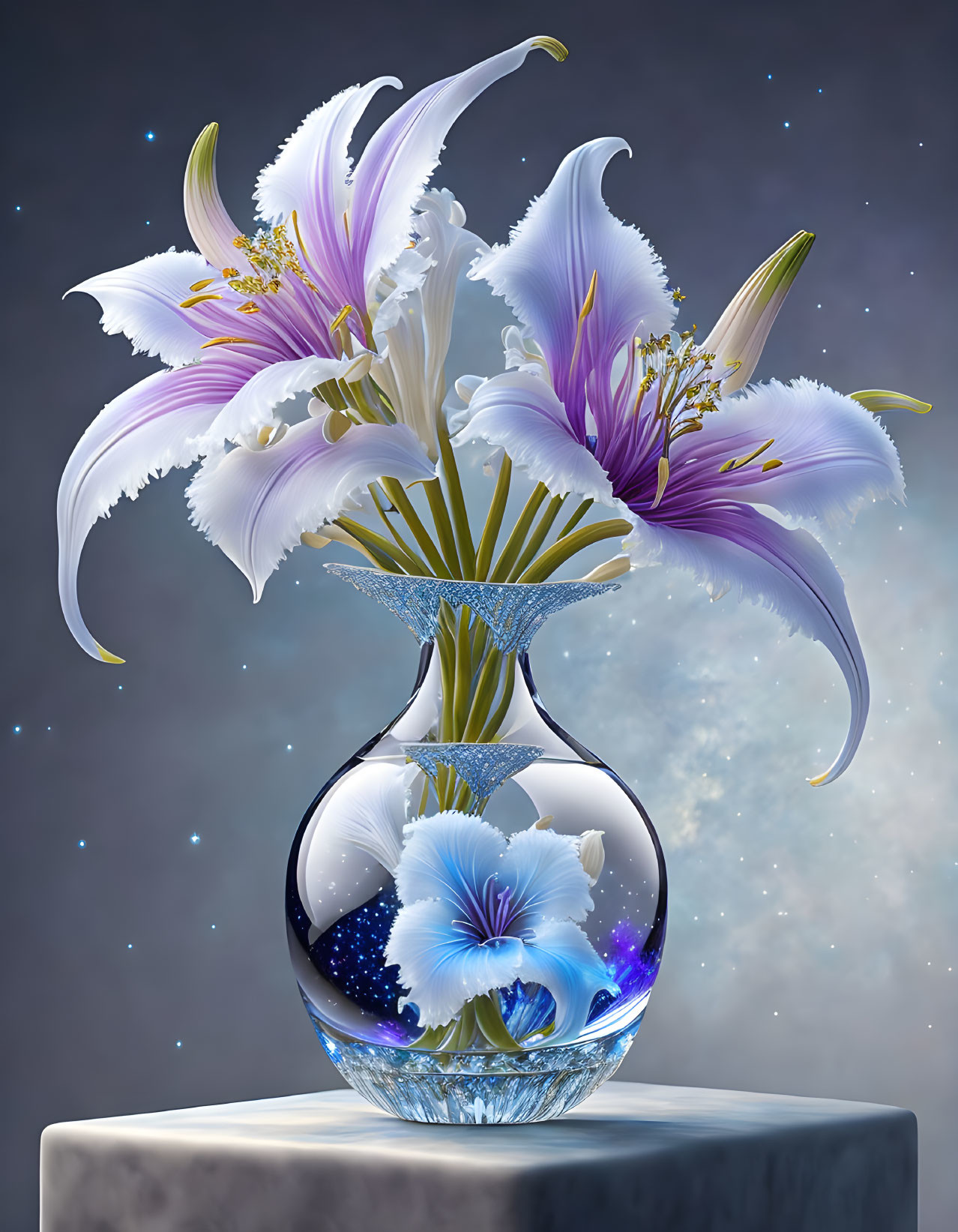 White and Purple Lilies in Clear Vase on Cosmic Pedestal