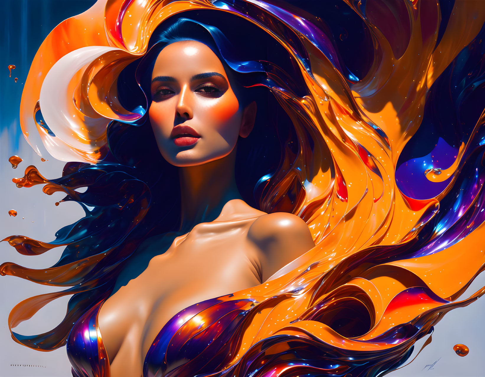 Vibrant digital artwork: Woman with flowing orange, blue, and purple hair