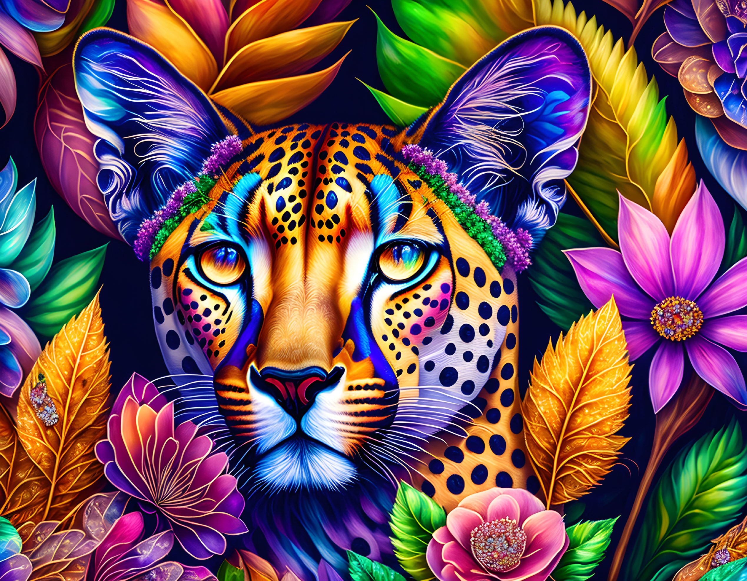 Colorful Stylized Leopard Artwork with Lush Foliage & Flowers