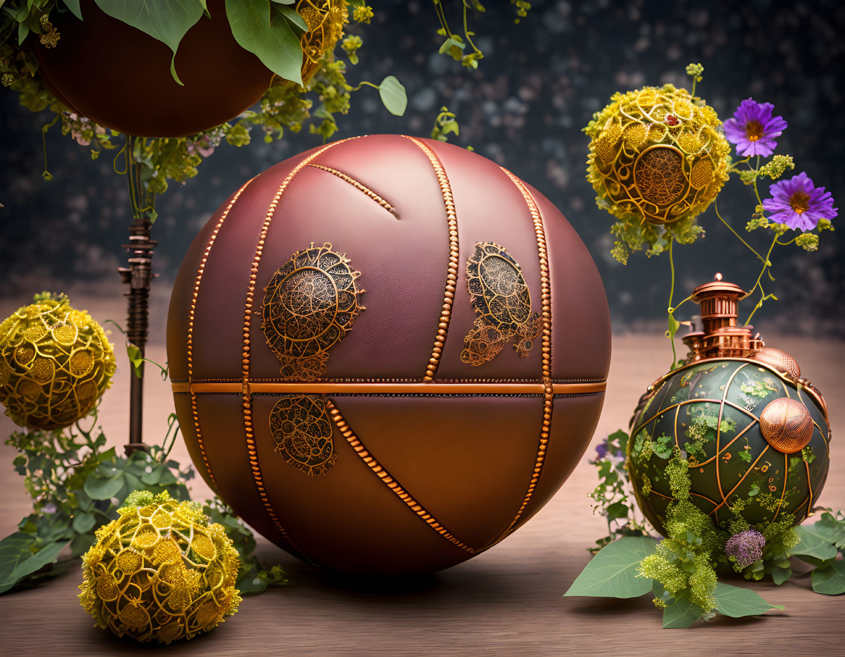 Ornate spherical objects with intricate designs, green leaves, purple flowers on wooden backdrop