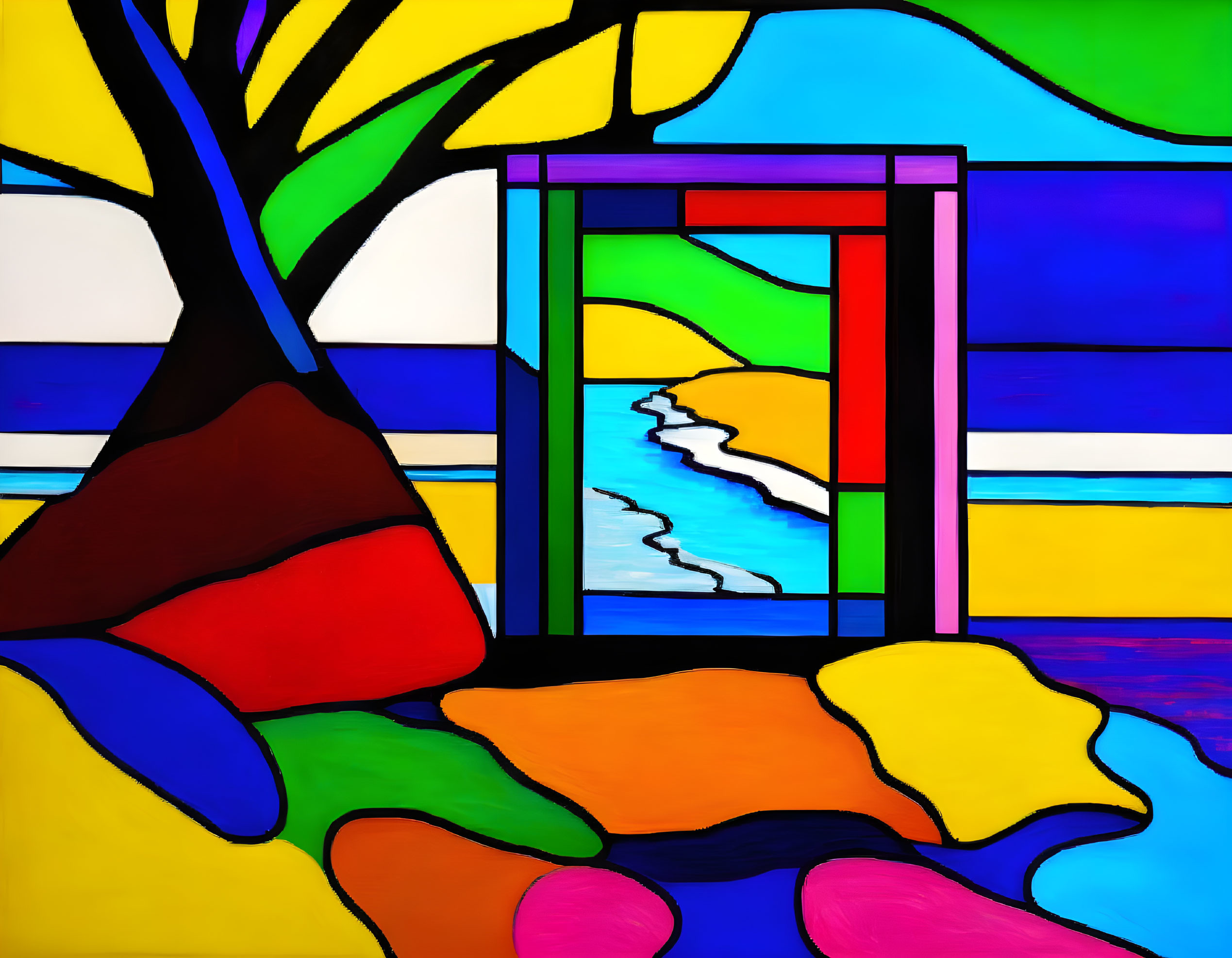 Colorful Abstract Landscape with Tree & River in Stained Glass Style