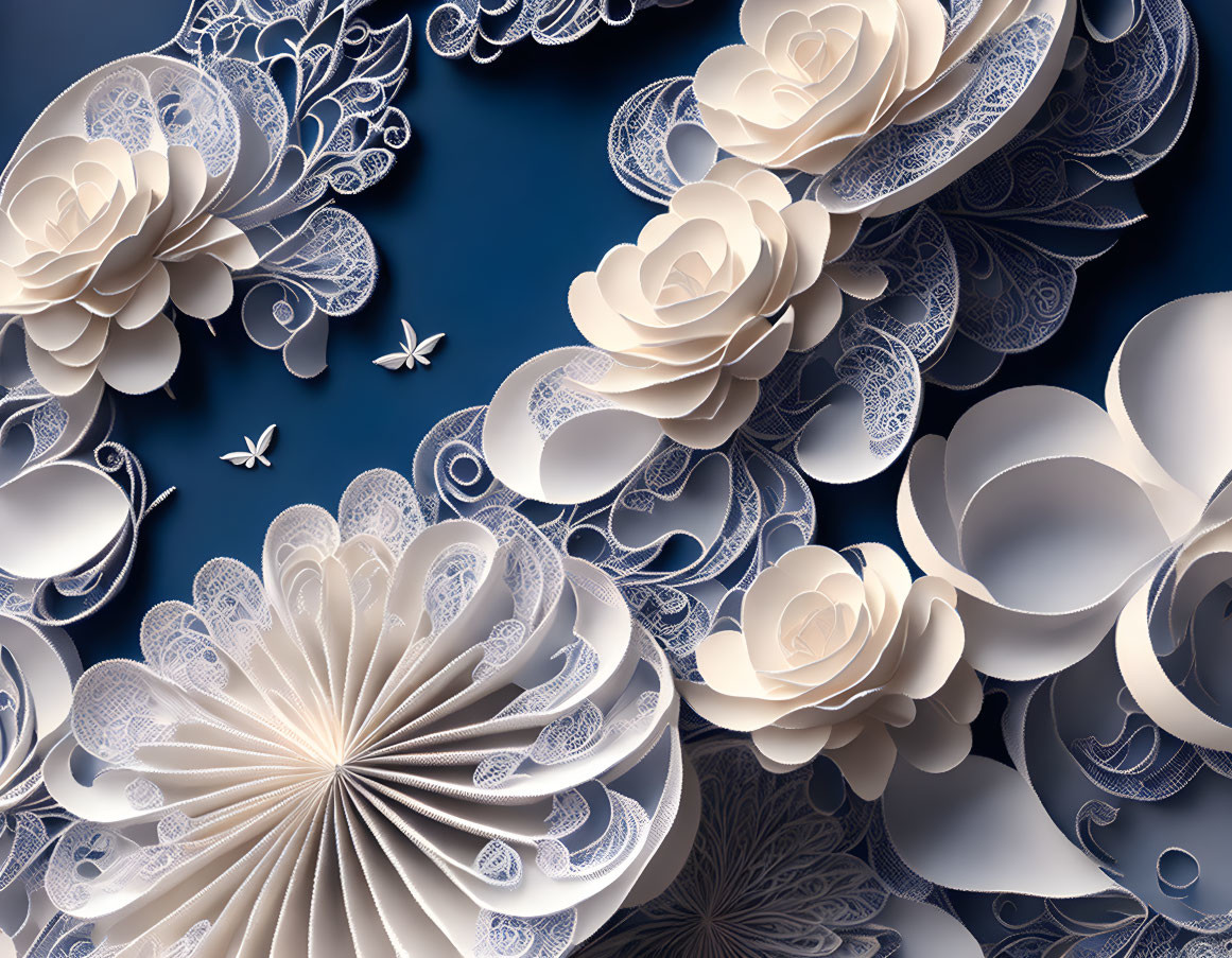 Intricate White Paper-Cut Flowers and Butterflies on Deep Blue Background