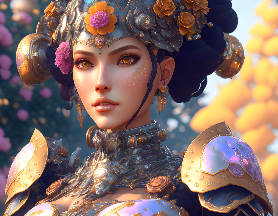 Digital artwork: Female character in intricate floral armor amidst pink flowers