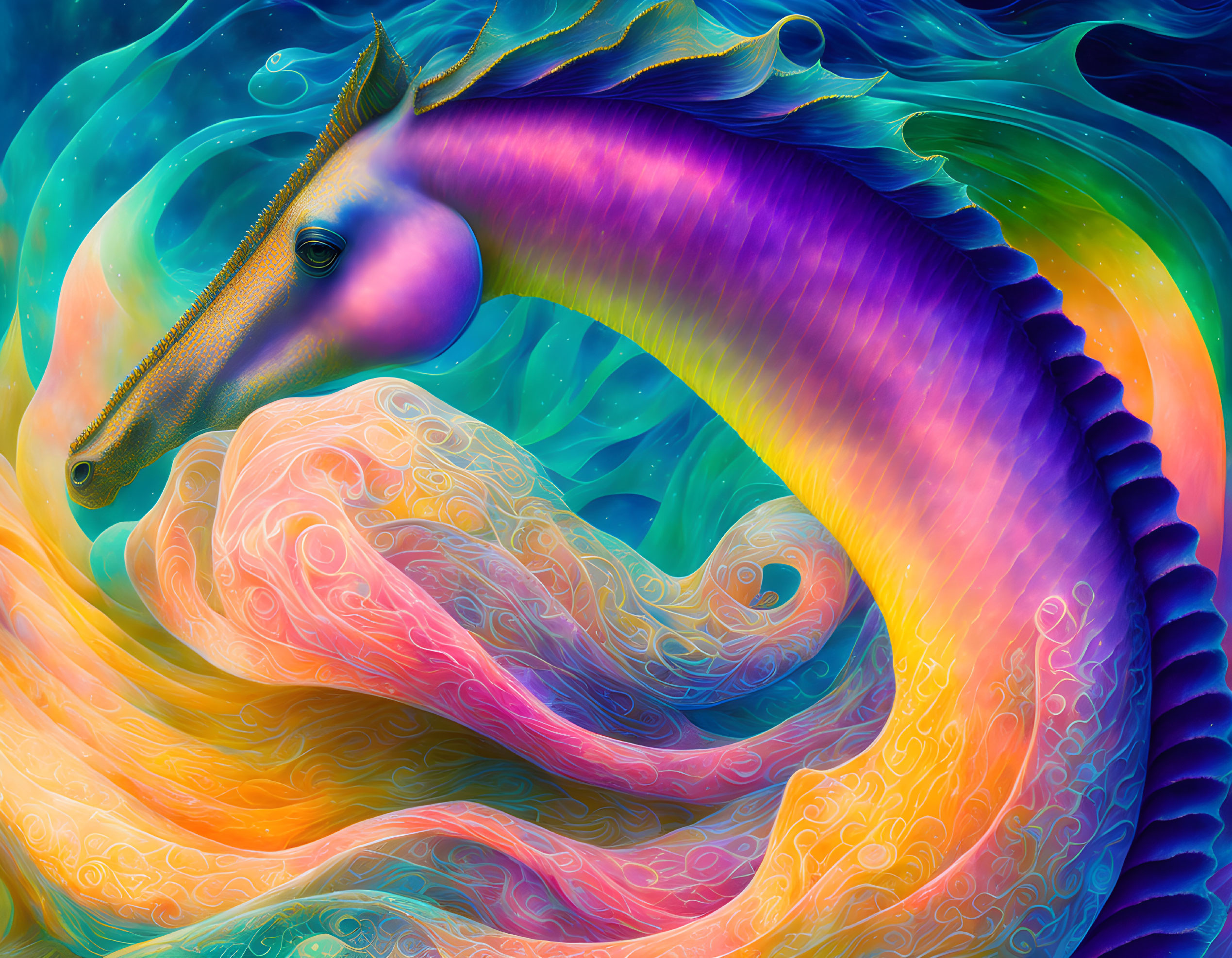 Colorful seahorse digital art with swirling rainbow patterns