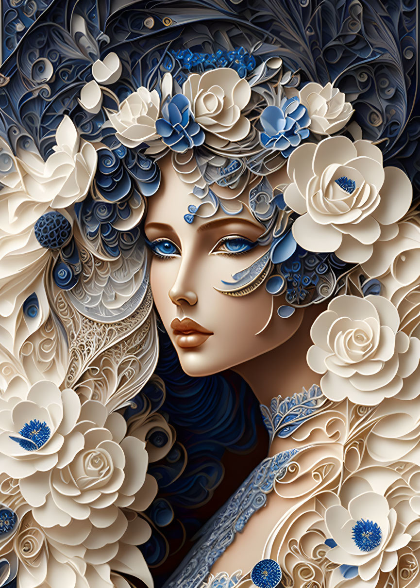 Woman with Blue and White Floral Motifs and Intricate Hair Patterns