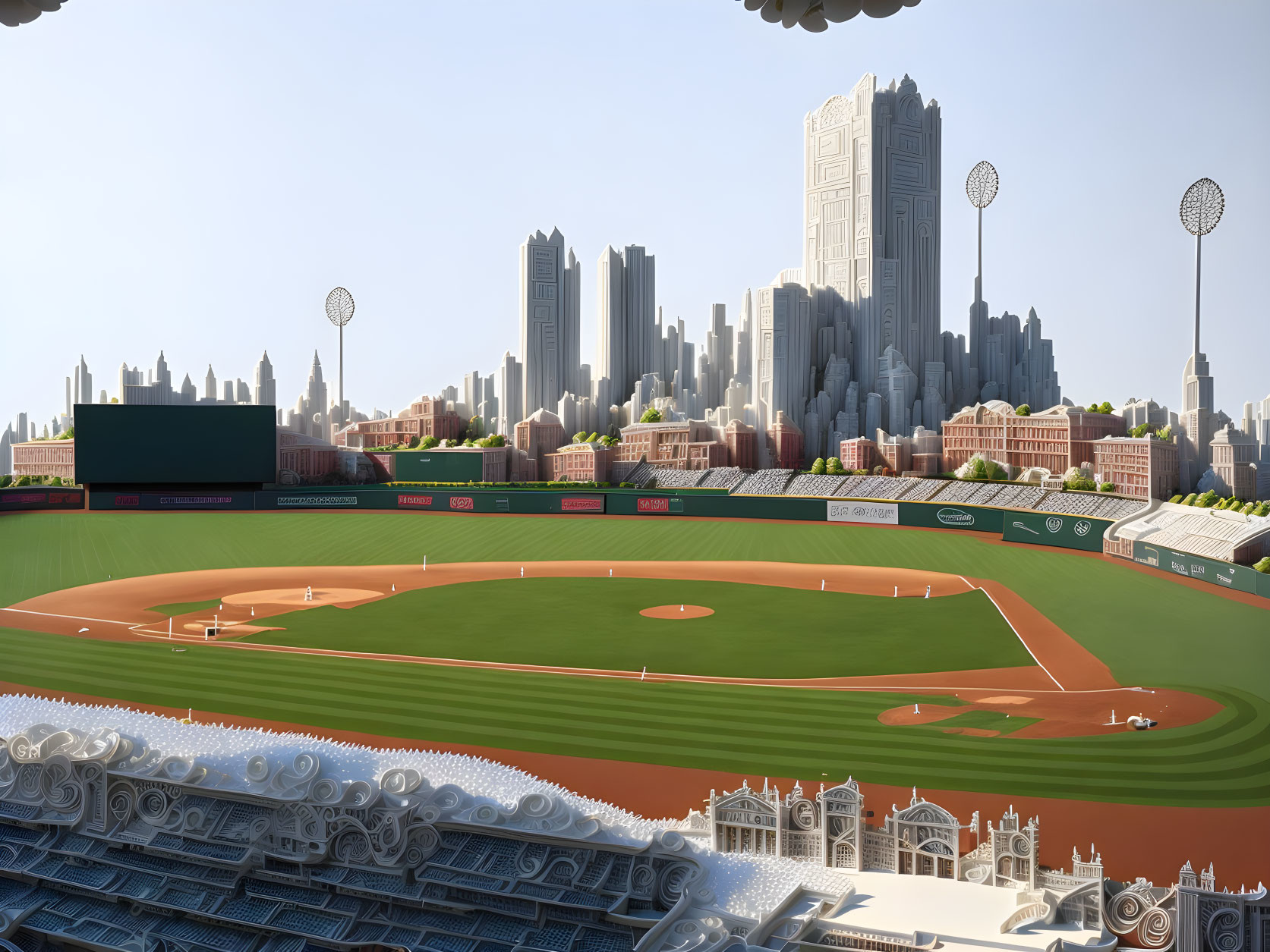 Urban baseball stadium game with city skyline backdrop.