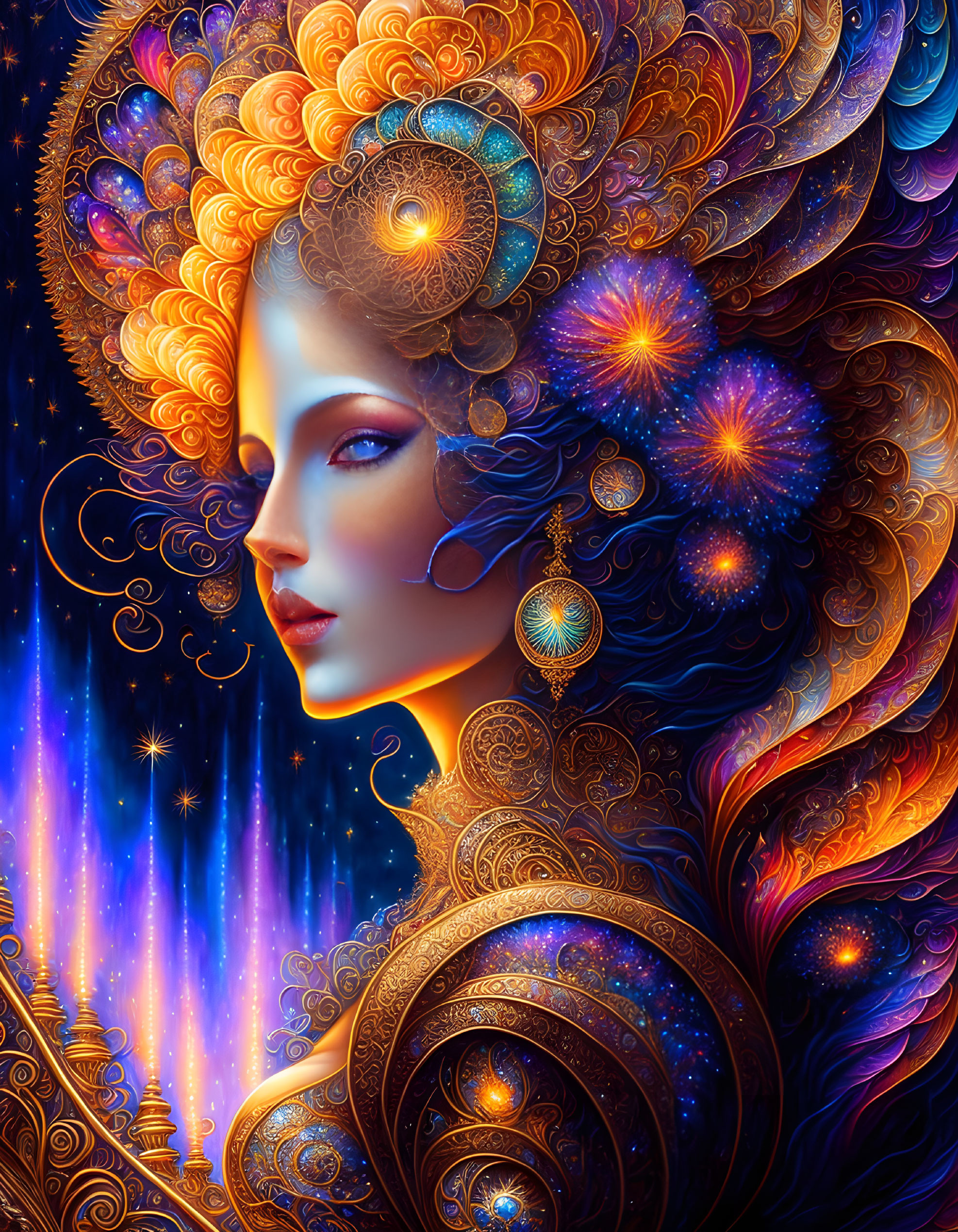 Colorful cosmic hair illustration with stars and nebulae in blue, purple, and gold.