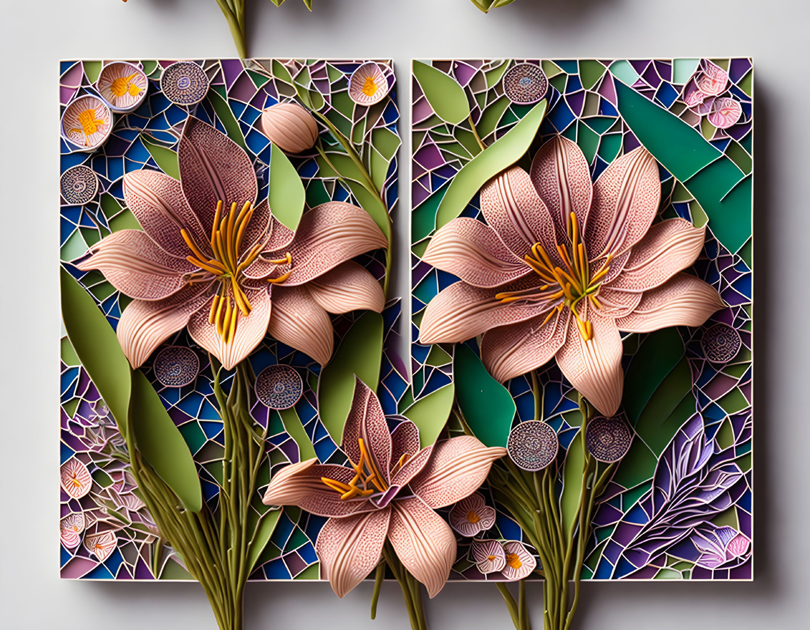 Detailed paper art of pink lilies on geometric background