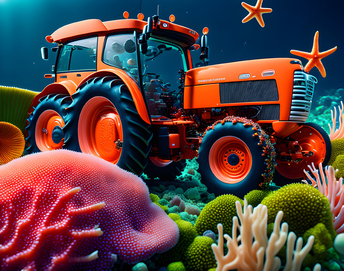 Colorful Underwater Scene with Stylized Tractor and Coral Reefs