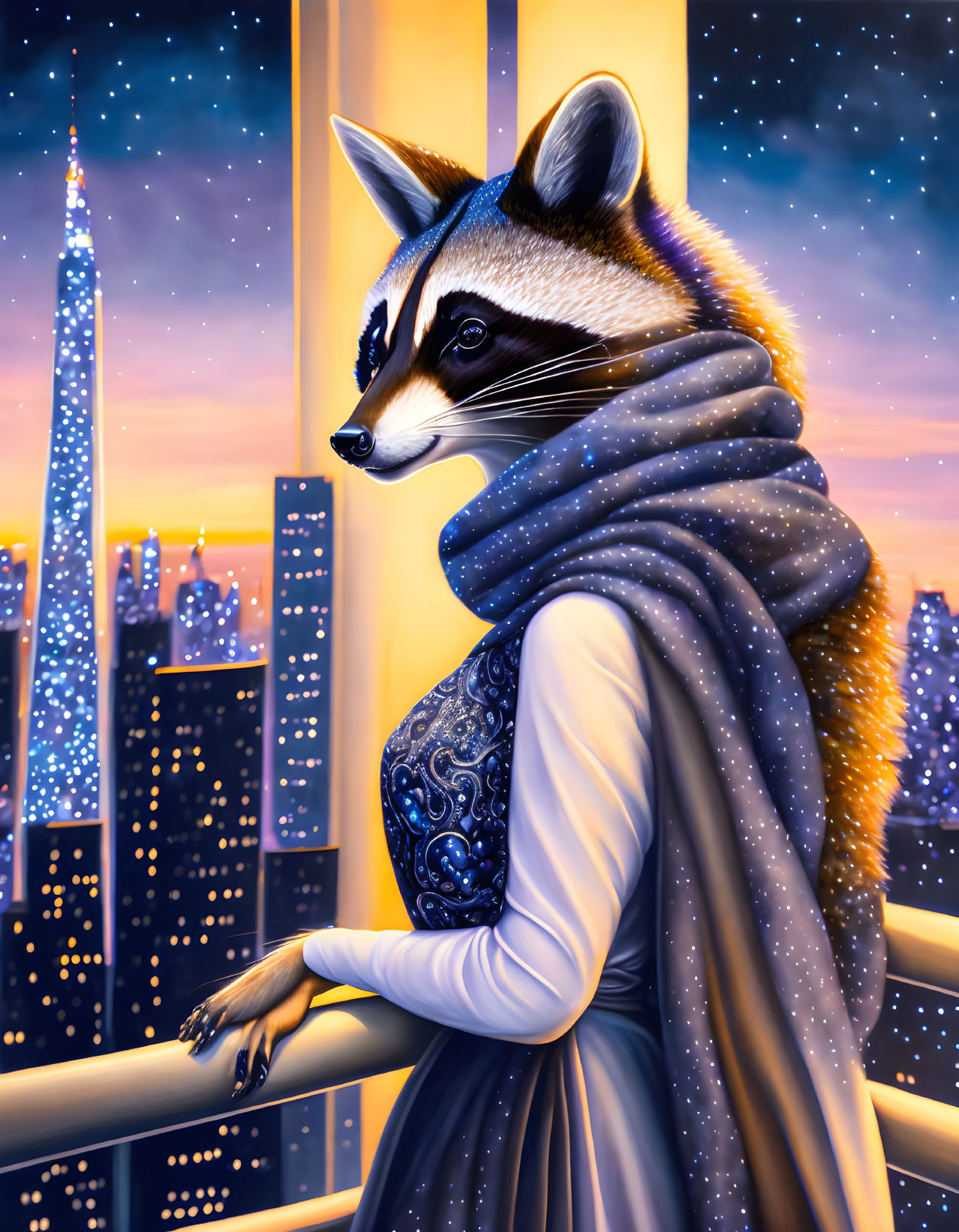 Anthropomorphic raccoon in elegant attire gazes over cityscape at twilight