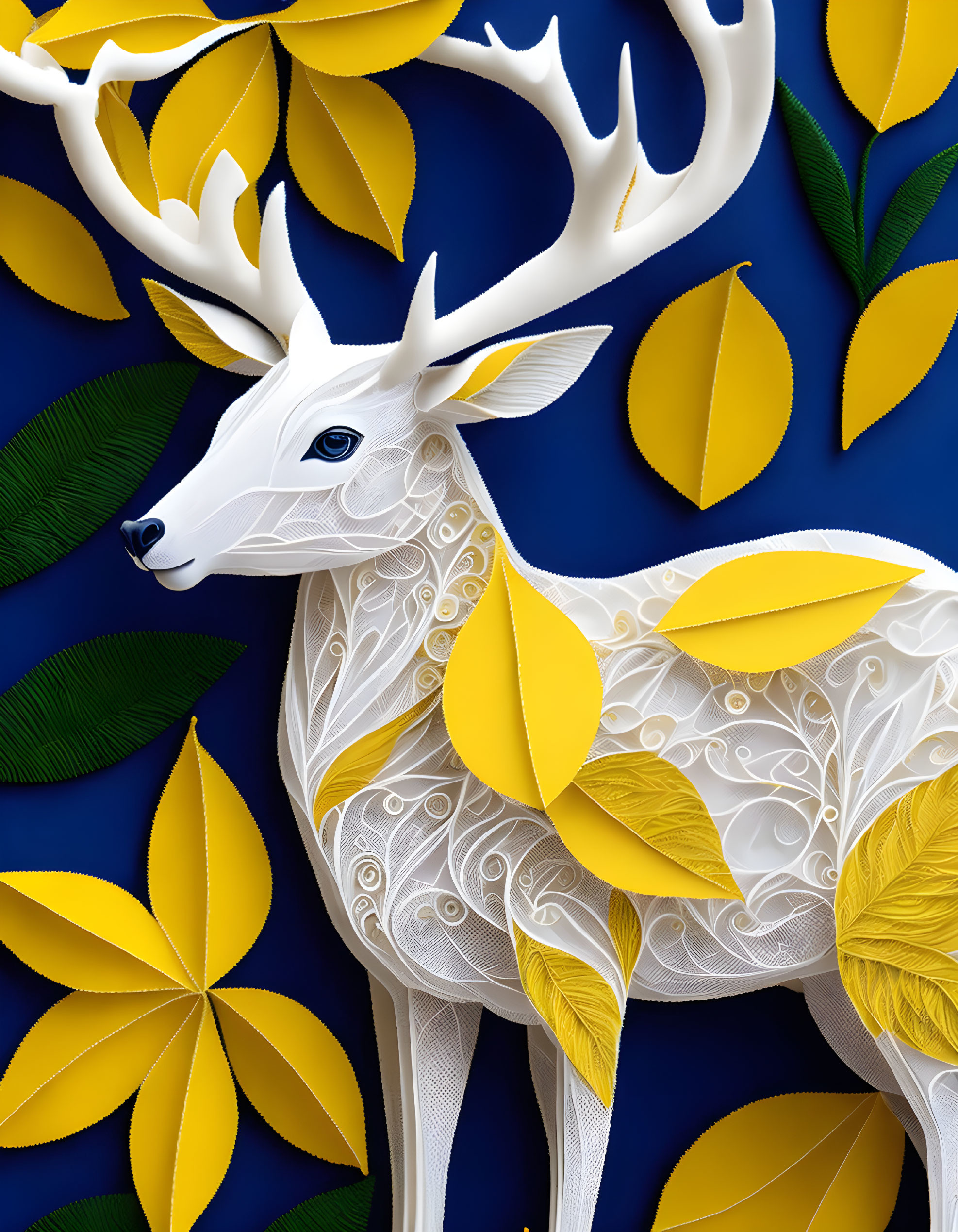 Detailed White Stag Illustration with Patterned Antlers on Blue Background