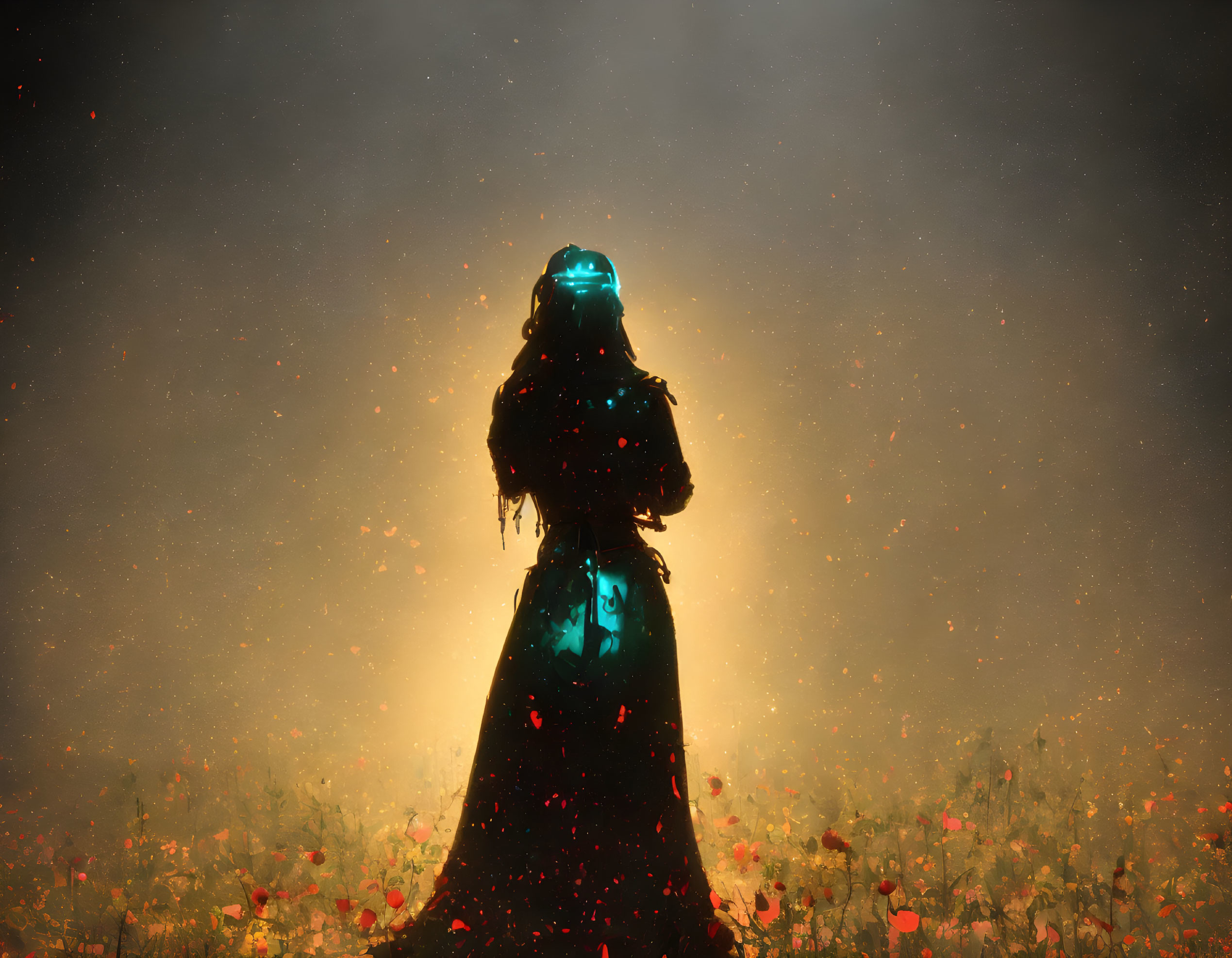 Silhouetted figure in field with floating embers and glowing light