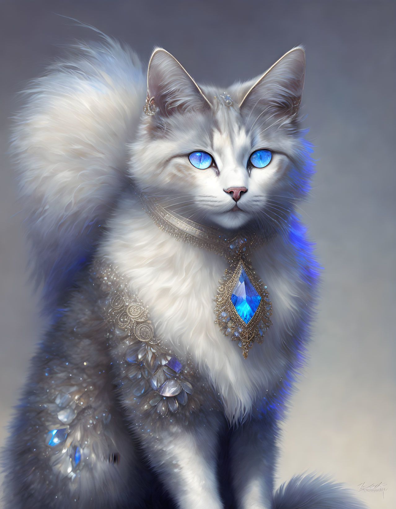 Fluffy White Cat with Blue Eyes and Sapphire Pendant