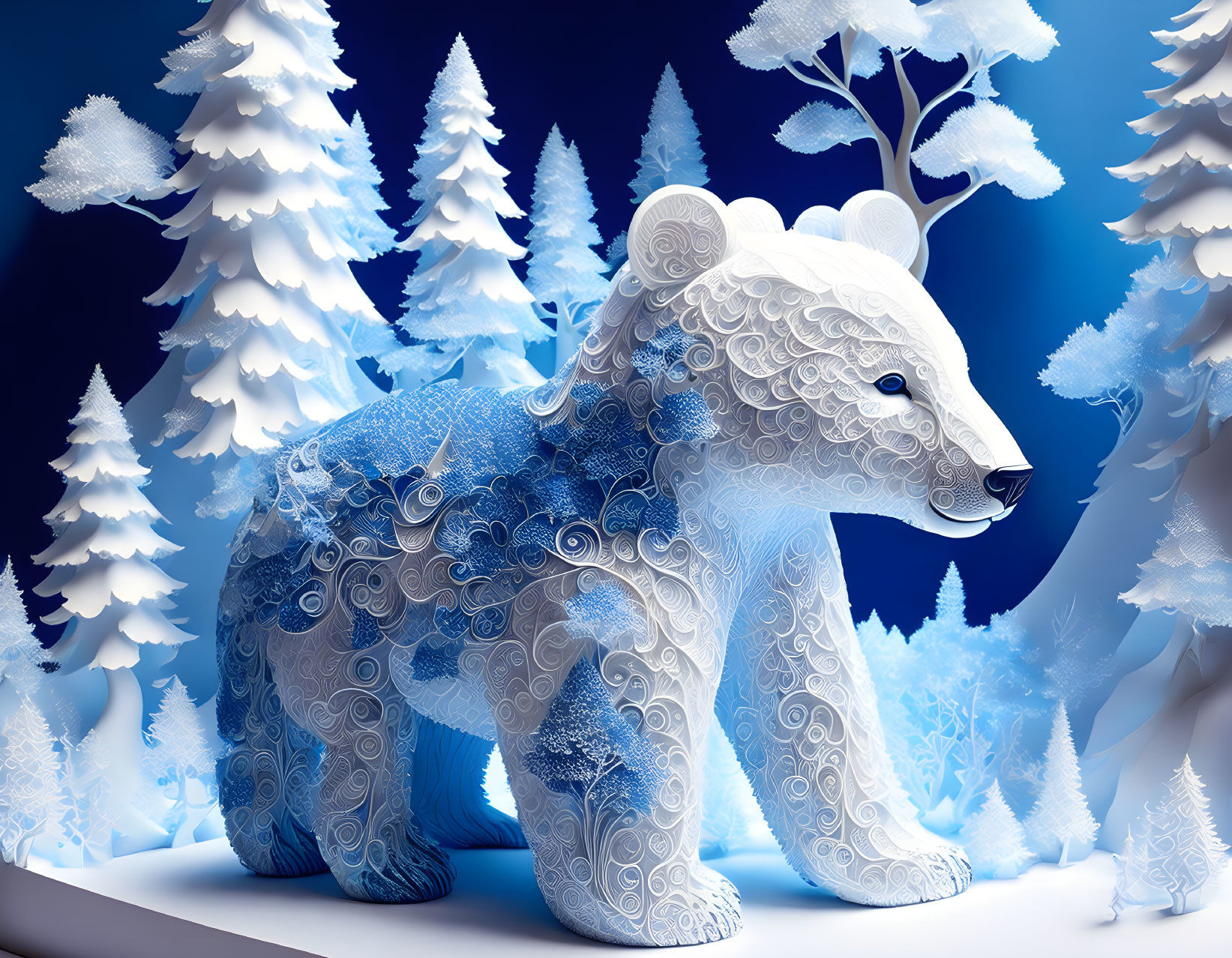 Stylized blue and white polar bear illustration with intricate patterns on a snowy night scene