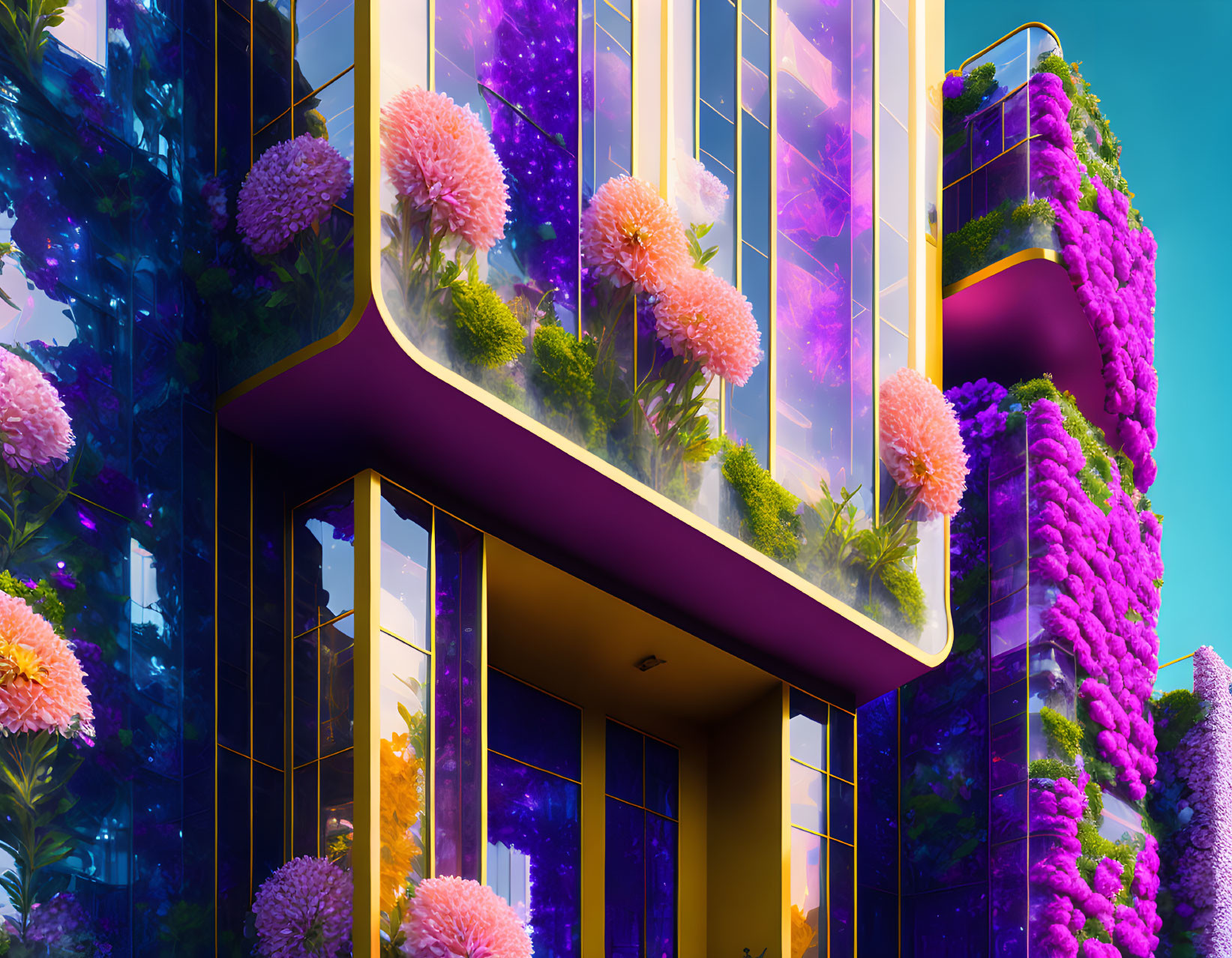 Futuristic building with purple foliage, pink blooms, golden accents