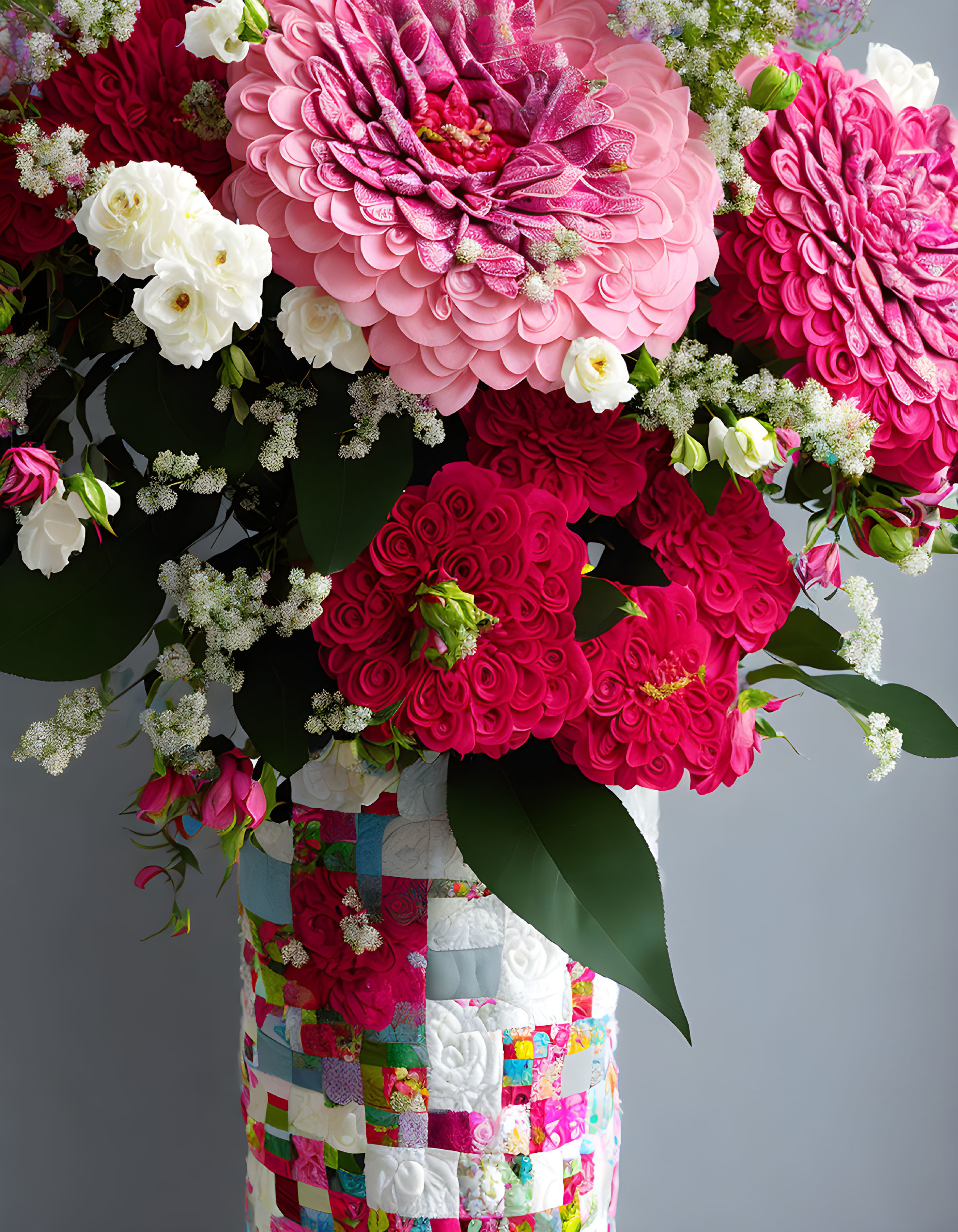 Colorful bouquet of dahlias, roses, and blossoms in quilted vase on grey background