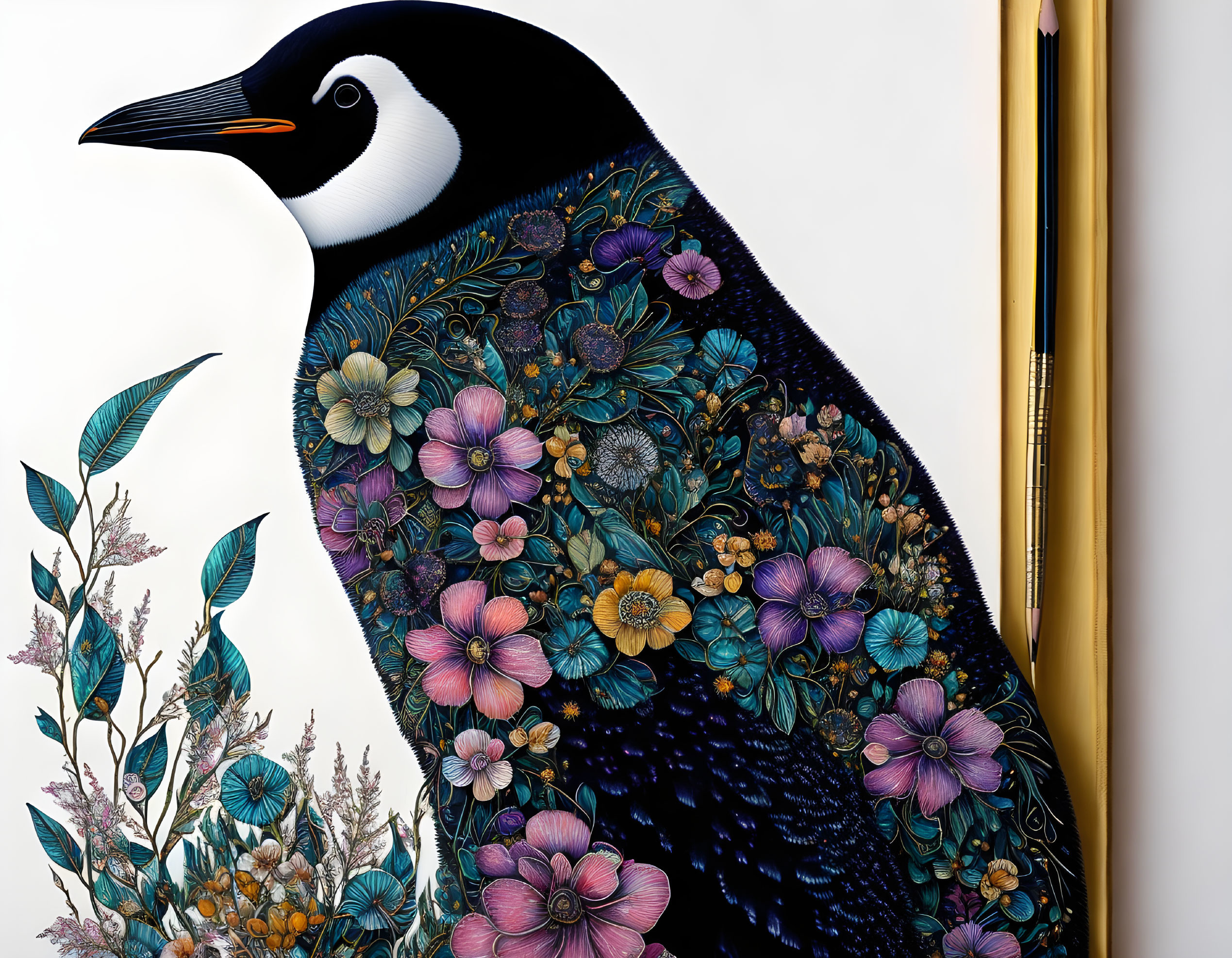 Penguin with floral patterns and pencils on white background