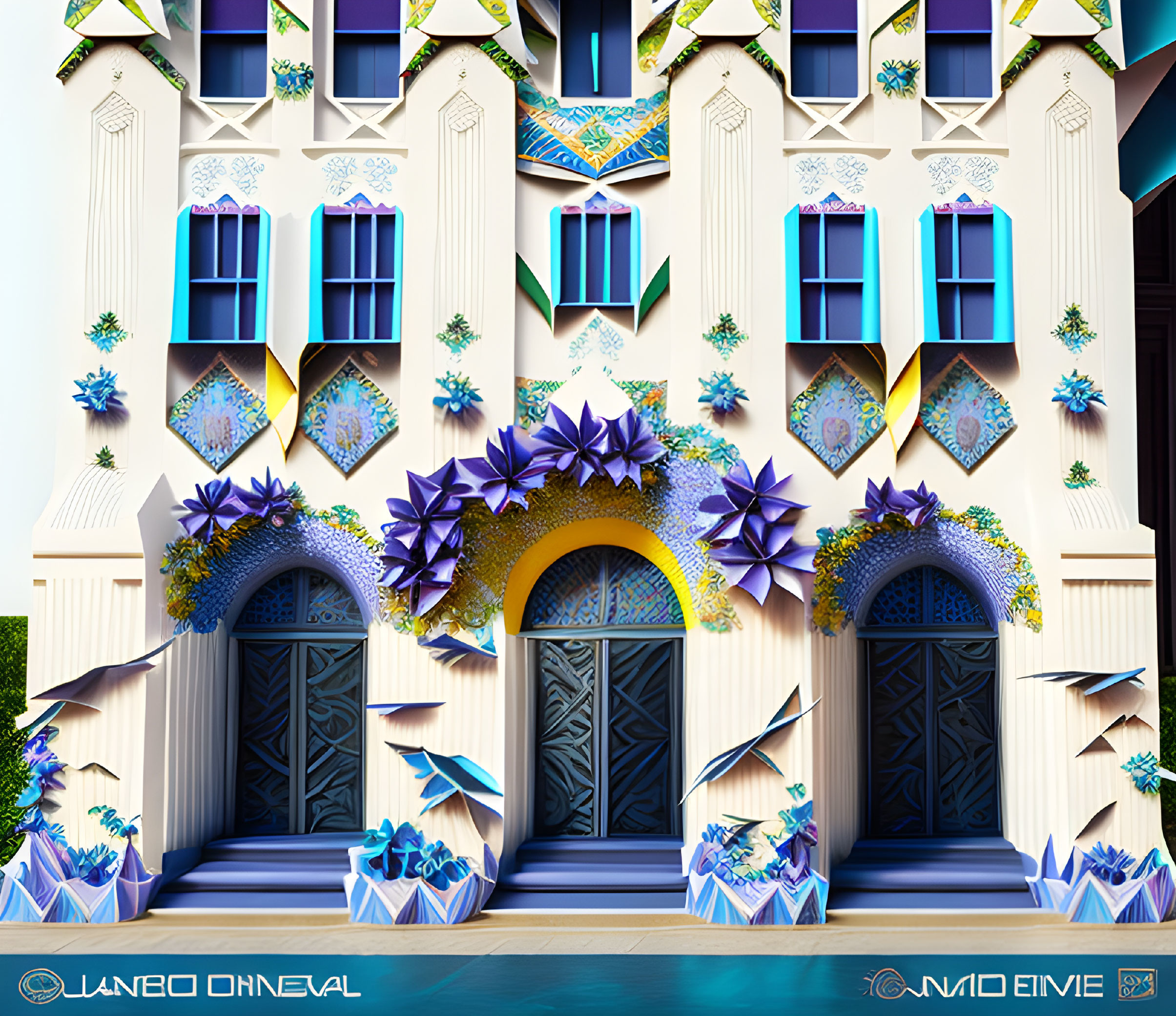 Symmetrical blue doors and colorful geometric designs on artistic building facade