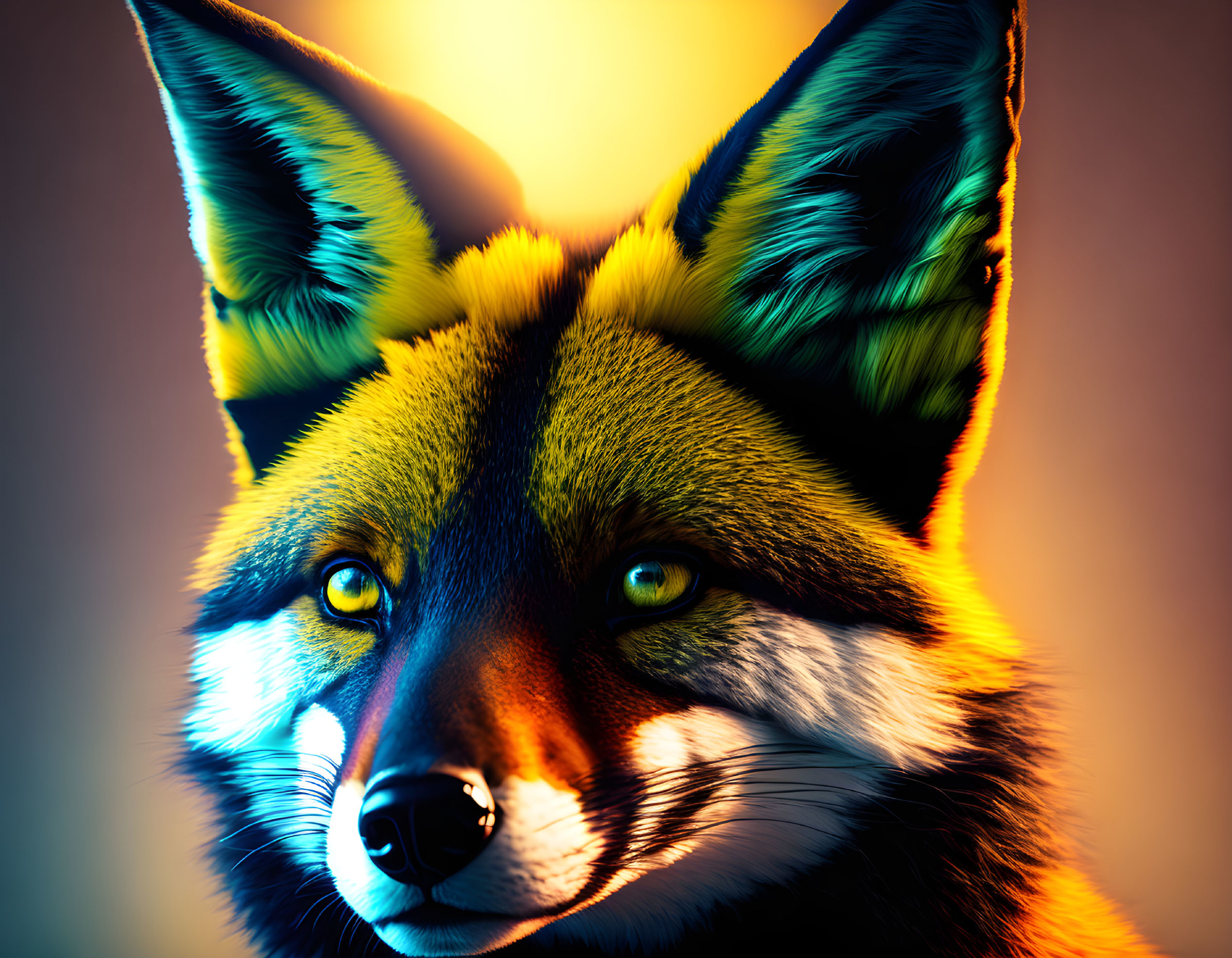 Colorful Stylized Fox with Intense Eyes on Orange Gradient Background