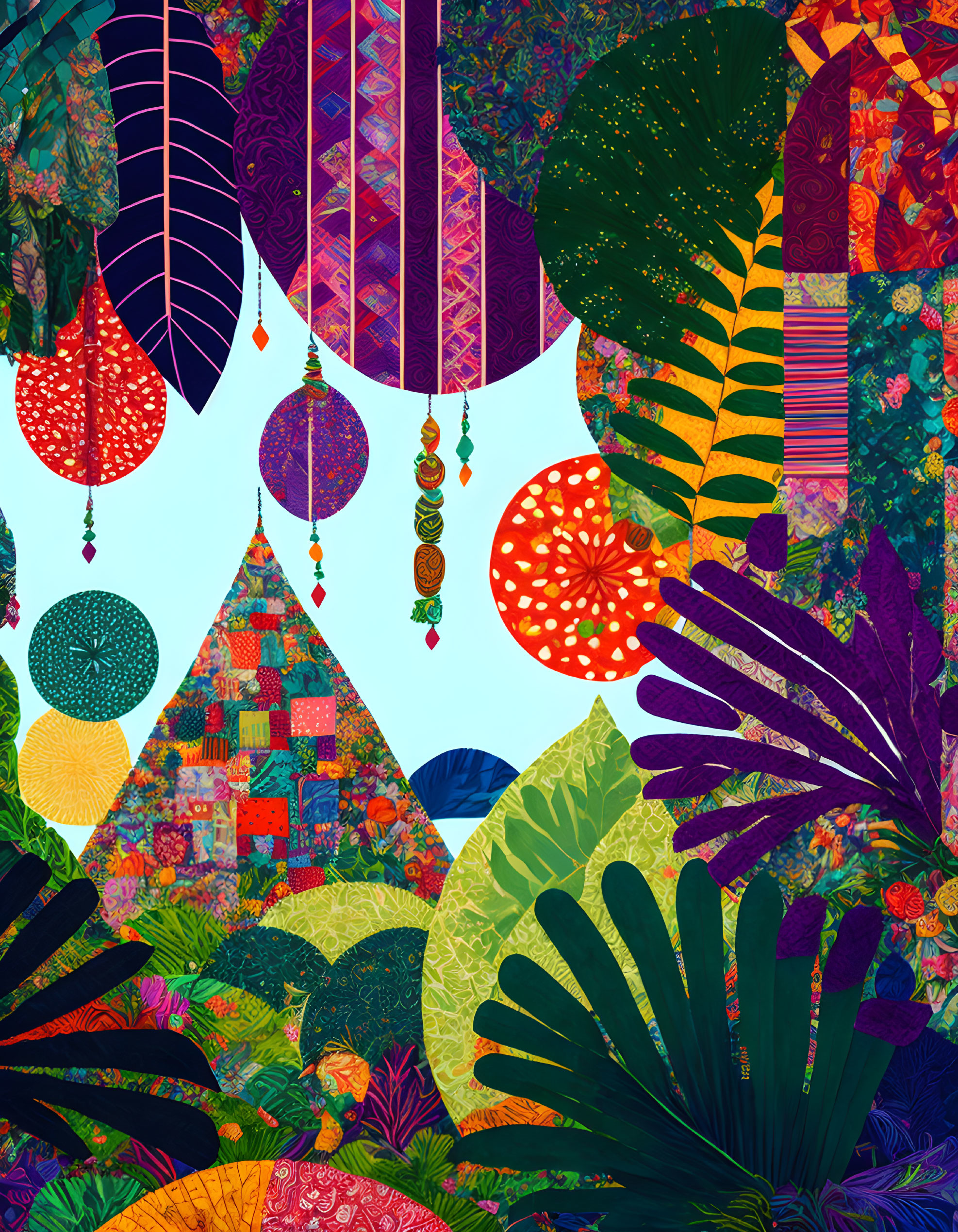 Colorful Tropical Illustration with Diverse Patterns & Foliage