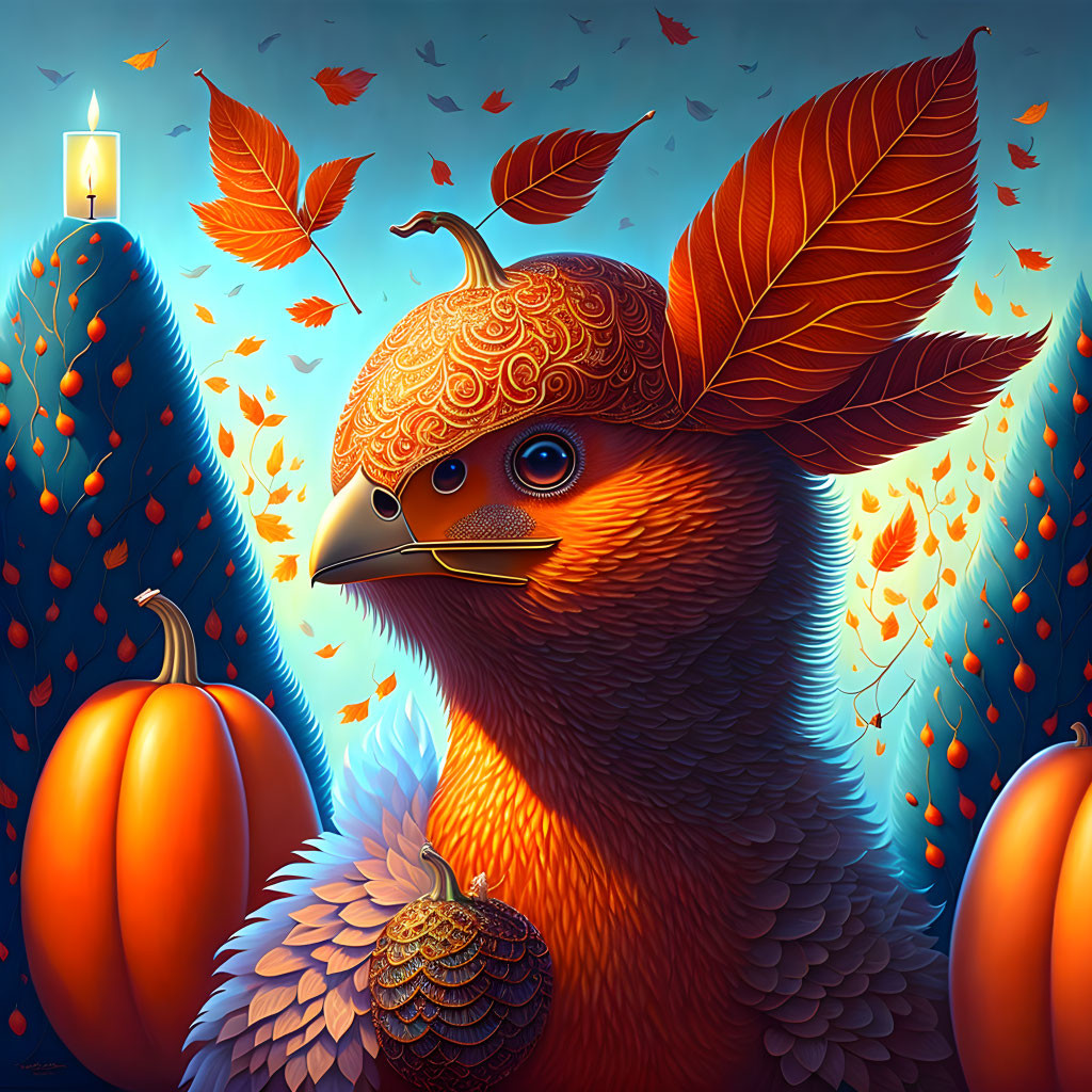 Fantastical orange bird with leaf-like feathers in pumpkin patch.