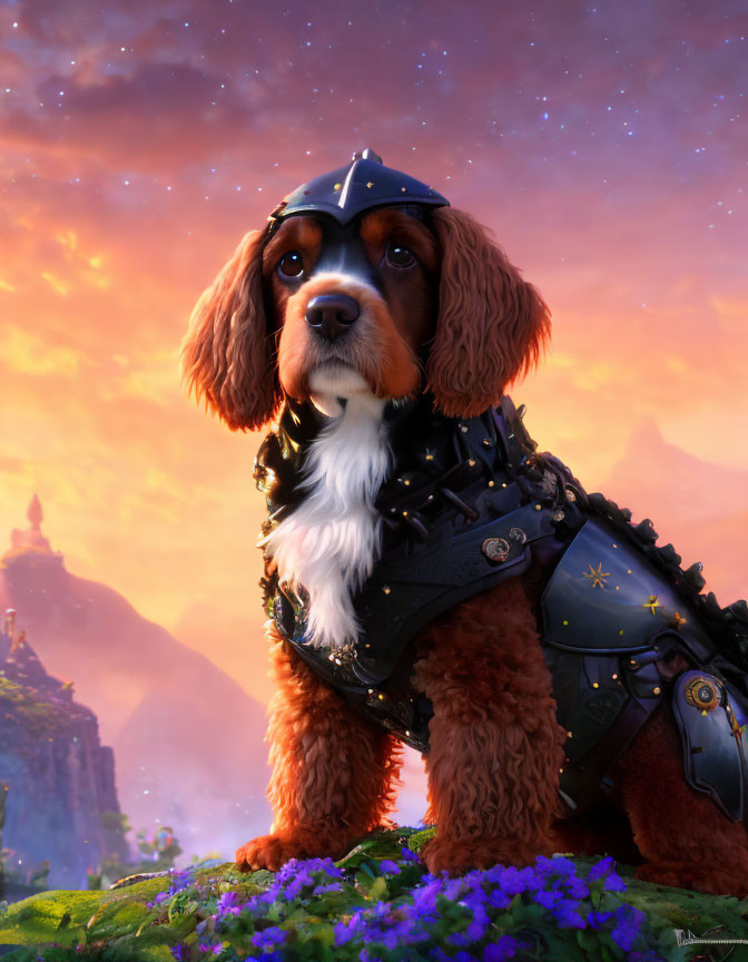 Brown and White Dog in Medieval Armor at Sunset Sky