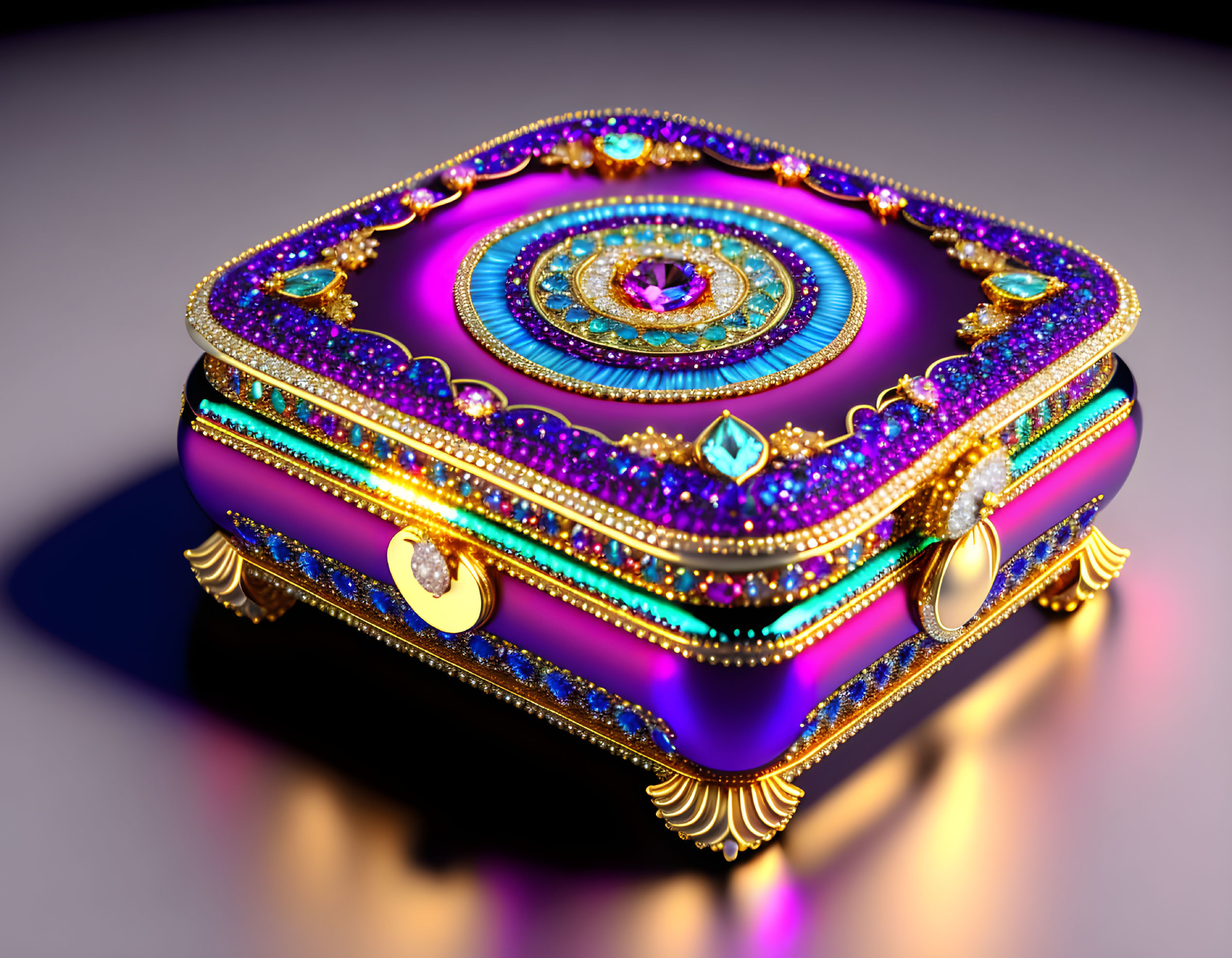 Intricate Gold-Designed Jewel Box with Colorful Gemstones